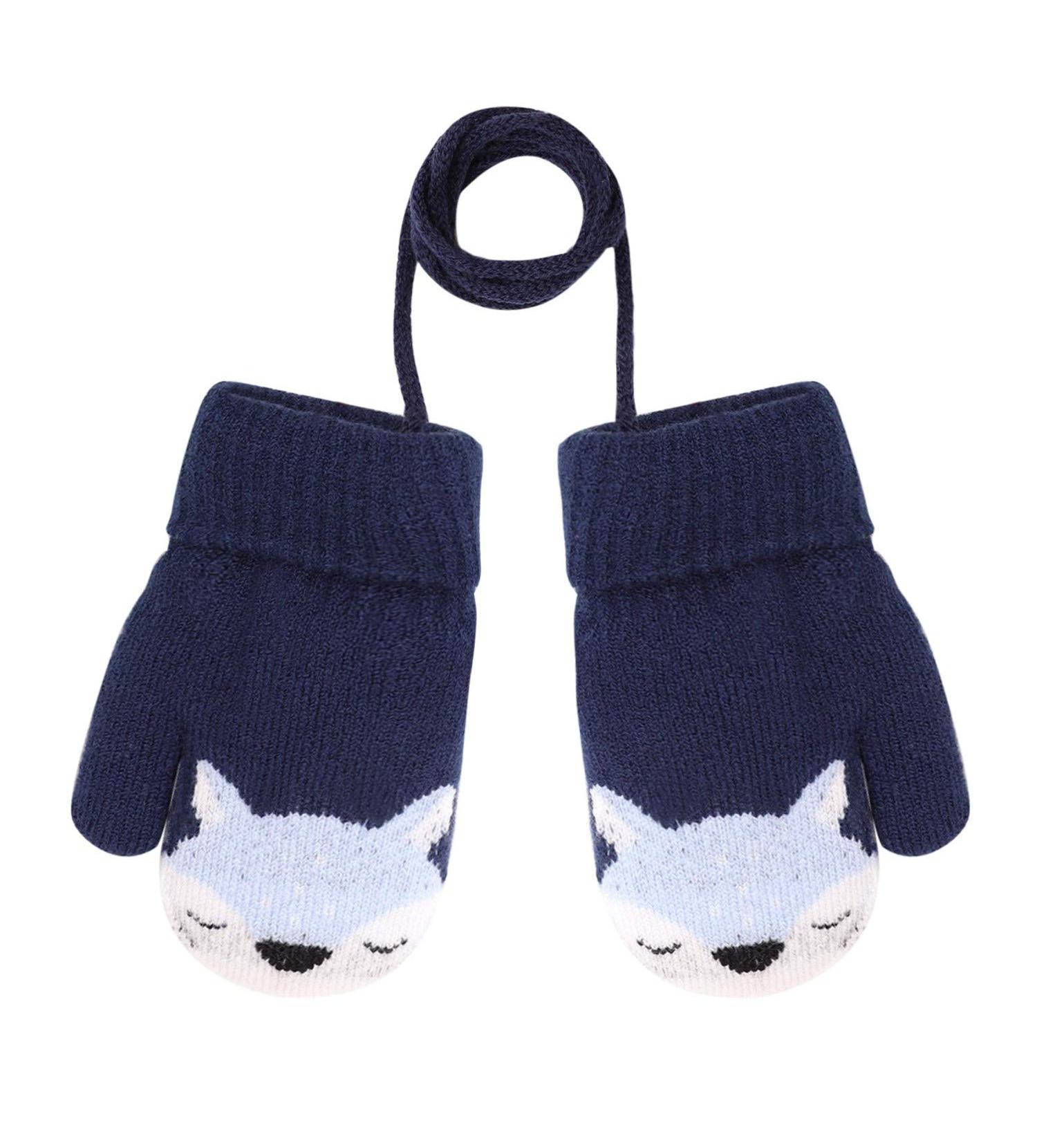 Cute Fox Knitting Short Full Finger Gloves for Toddler Kids 1-3 Yrs - Navy Blue - Buy Online on GoSupps.com