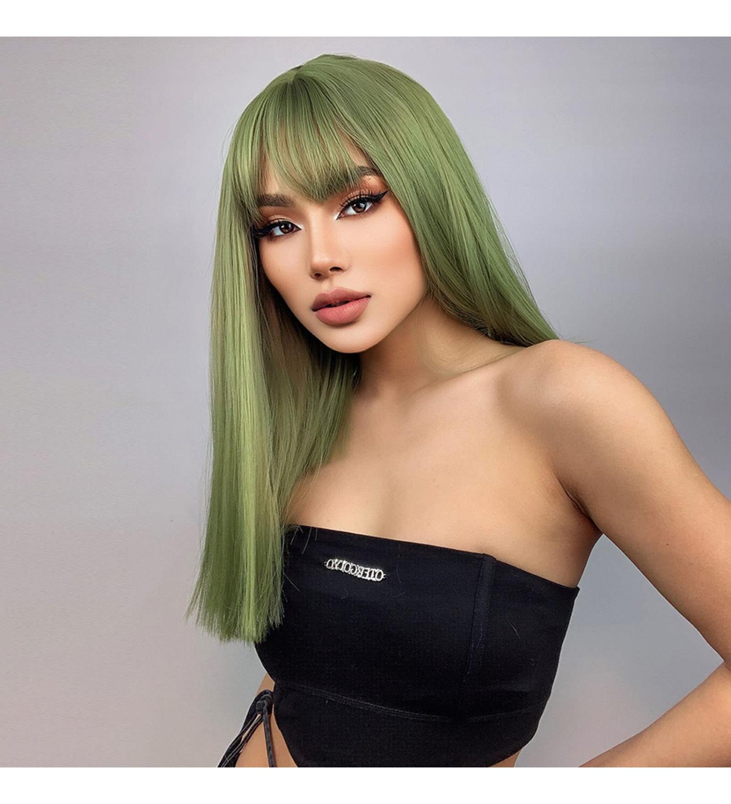 Pretfy Green Wig for Women 16 Natural Middle Length Straight Wig with Hair Bangs - Grass Green Wig for Cosplay & Halloween - Heat Resistant Synthetic Hair - Short-2 (Green) - Buy Online on GoSupps.com