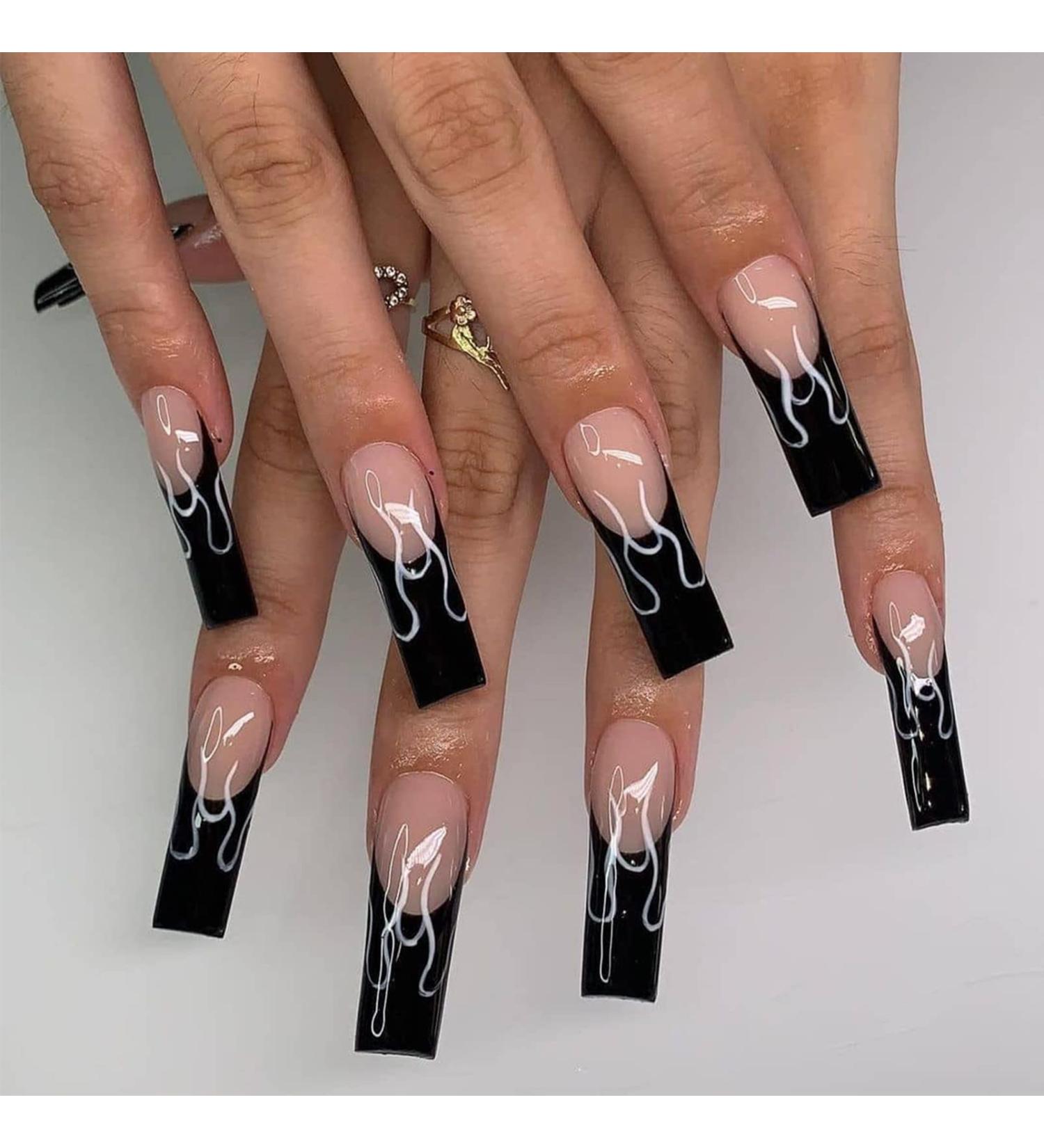 Coffin False Nails Long 24Pcs Black French Fake Nails with Flame Design - Nail Glue Included | Ballerina Stick-on Nail Art for Women and Girls - Buy Online on GoSupps.com