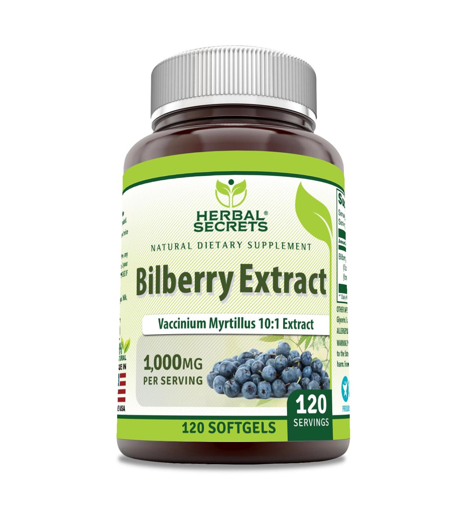 Herbal Secrets Bilberry Extract Supplement |1000 Mg Per Serving | 120 Softgels | Non-GMO | Gluten-Free | Made in USA