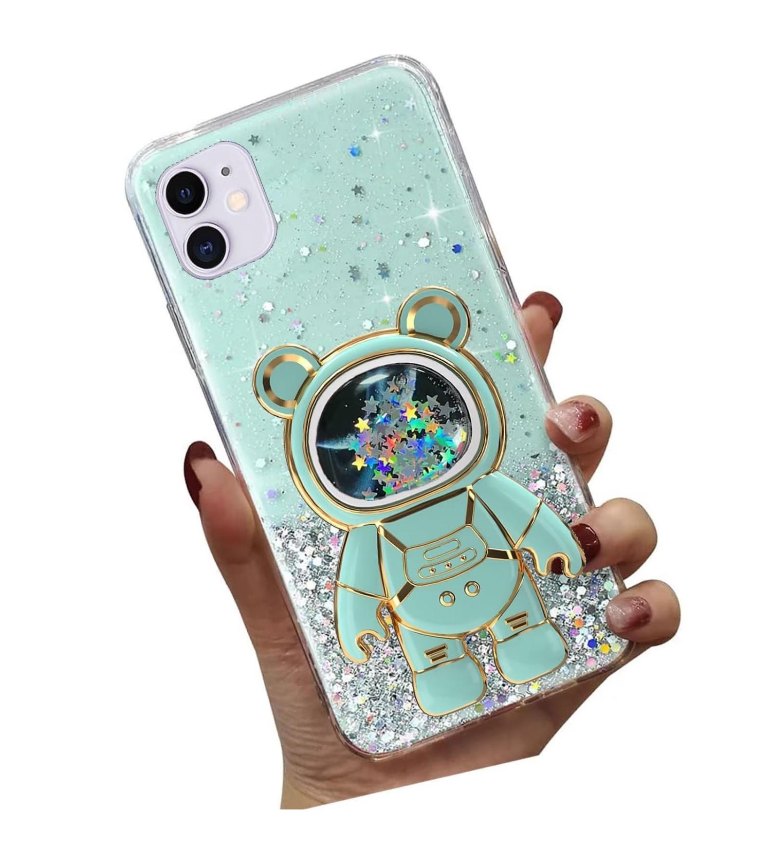 Buy Tivenfezk Nadoli iPhone 12 Mini Astronaut Soft Silicone Shell | Glitter Bling Hidden Stander Cover - Transparent Green Protective Case - Buy Online on GoSupps.com