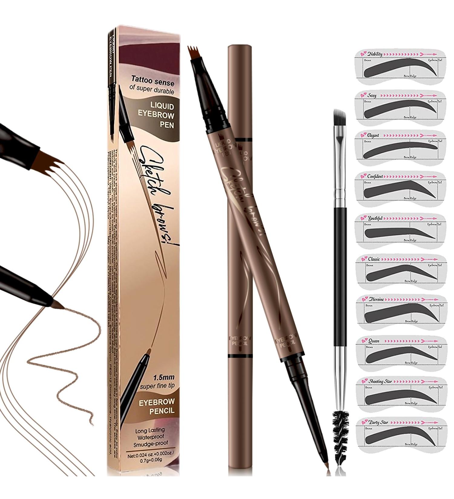 Microblading Eyebrow Pen - 2-in-1 Ultra Fine Tip Pencil & Stencil Kit for Natural Waterproof Eyebrow Makeup - Dark Brown - Buy Online on GoSupps.com