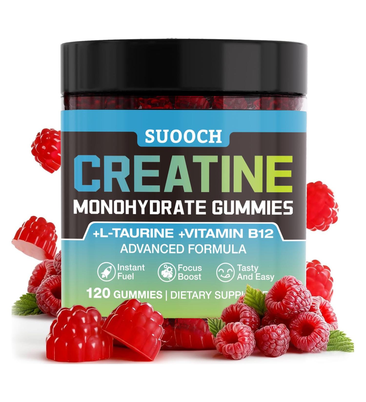SUOOCH Creatine Gummies for Women & Men Raspberry Flavor Creatine Monohydrate Gummies for Exercise Fitness Training Work & Travel 120 Count Delicious Chewable Gummy Portable - Buy Online on GoSupps.com