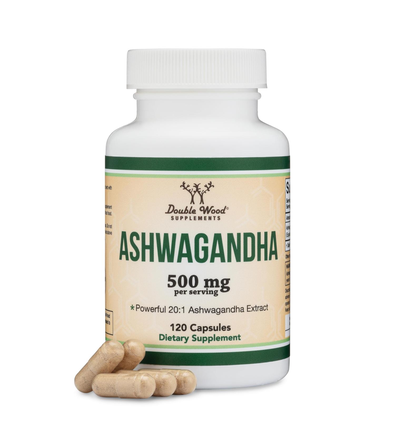 Ashwagandha Capsules 120 Count (500mg Extract 20:1 Potency) Adaptogen Stress Relief by Double Wood - Buy Online on GoSupps.com
