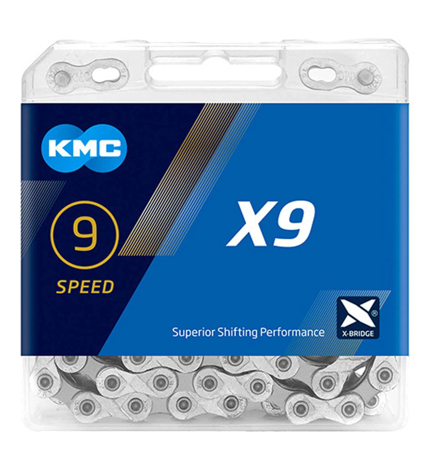 KMC 9 Speed Chain - Compatible with Shimano/SRAM - X9 Silver-Gray Chain (116 Links + 1 Pair Missing Link) - Buy Online on GoSupps.com