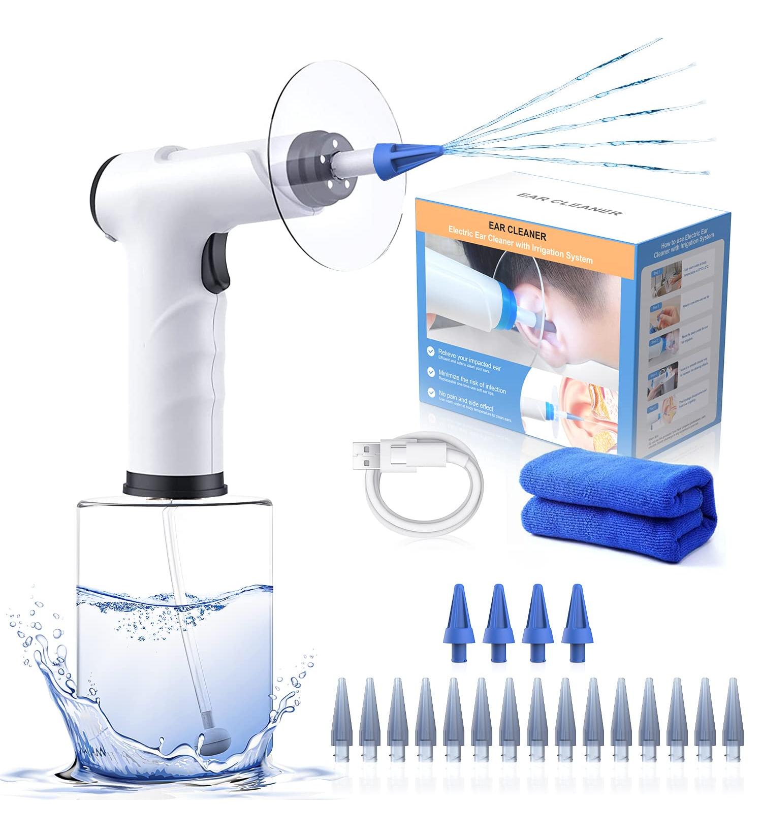 Ear Wax Removal Kit Ear Cleaner Electric Ear Cleaning Kit with Lights Ear Irrigation Flushing System with 4 Pressure Modes Ear Cleaner for Adults and Kid Ear Wax Removal Tool (Black)