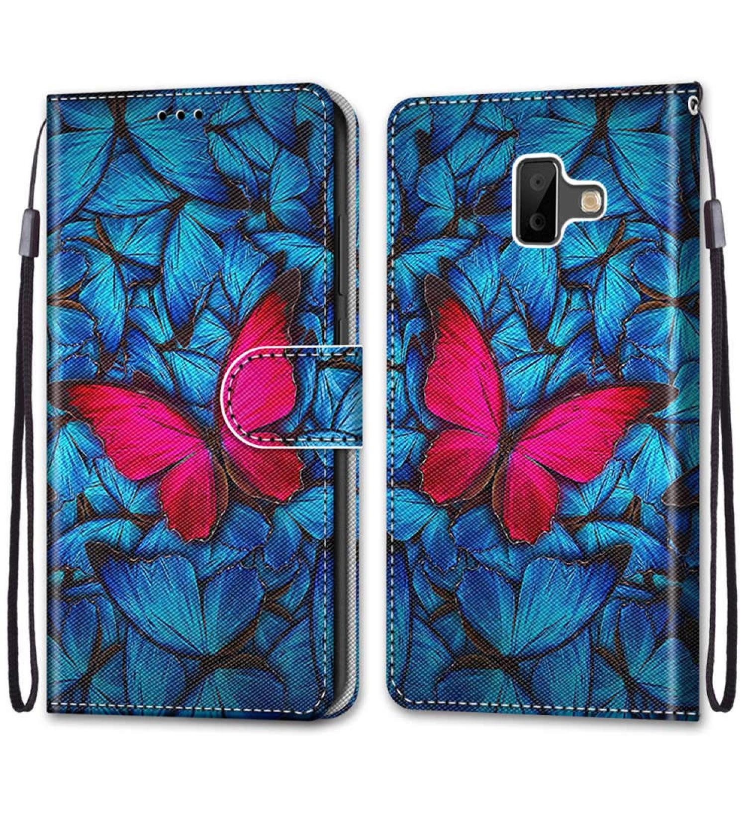 Nadoli Leather Mobile Phone Case for Samsung Galaxy J6 Plus - Colorful Blue Red Butterfly Wallet with Strap Card Slot & Magnet Stand - Buy Online on GoSupps.com