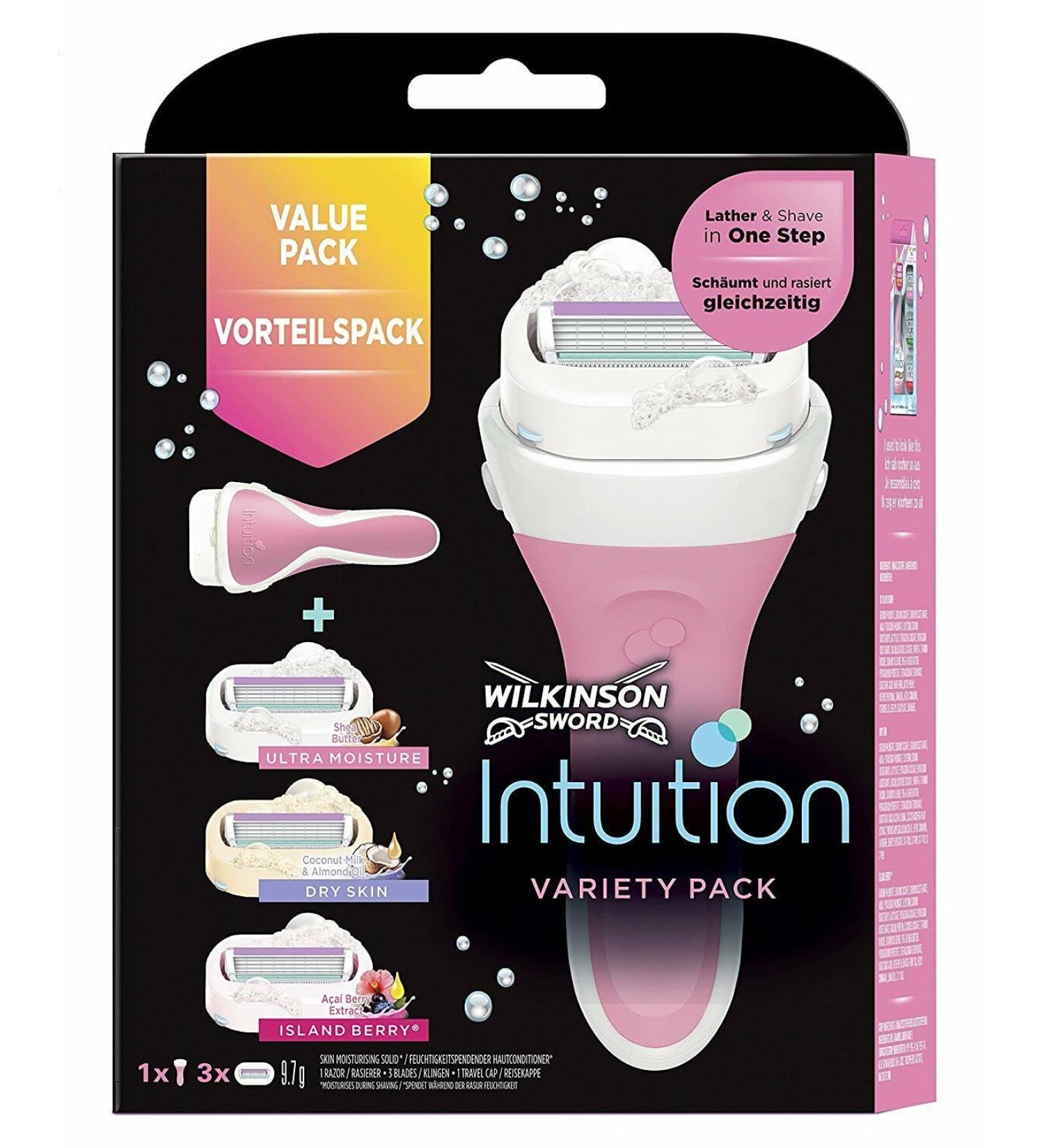Wilkinson Sword Intuition Summer Variety Value Pack Razor Blades with Ladies Razor 3 Pcs 1 Piece (Pack of 1) Summer Variety