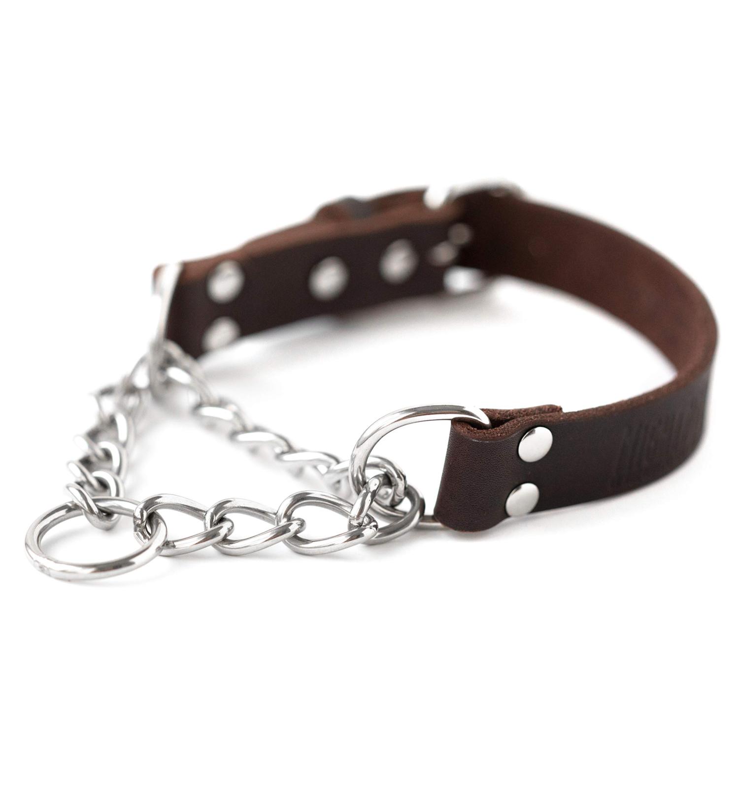 Mighty Paw Leather Martingale Dog Collar | Premium No Pull Training Collar for Dogs - Stainless Steel Chain Cinch - Large, Medium, Small - Brown - Buy Online on GoSupps.com