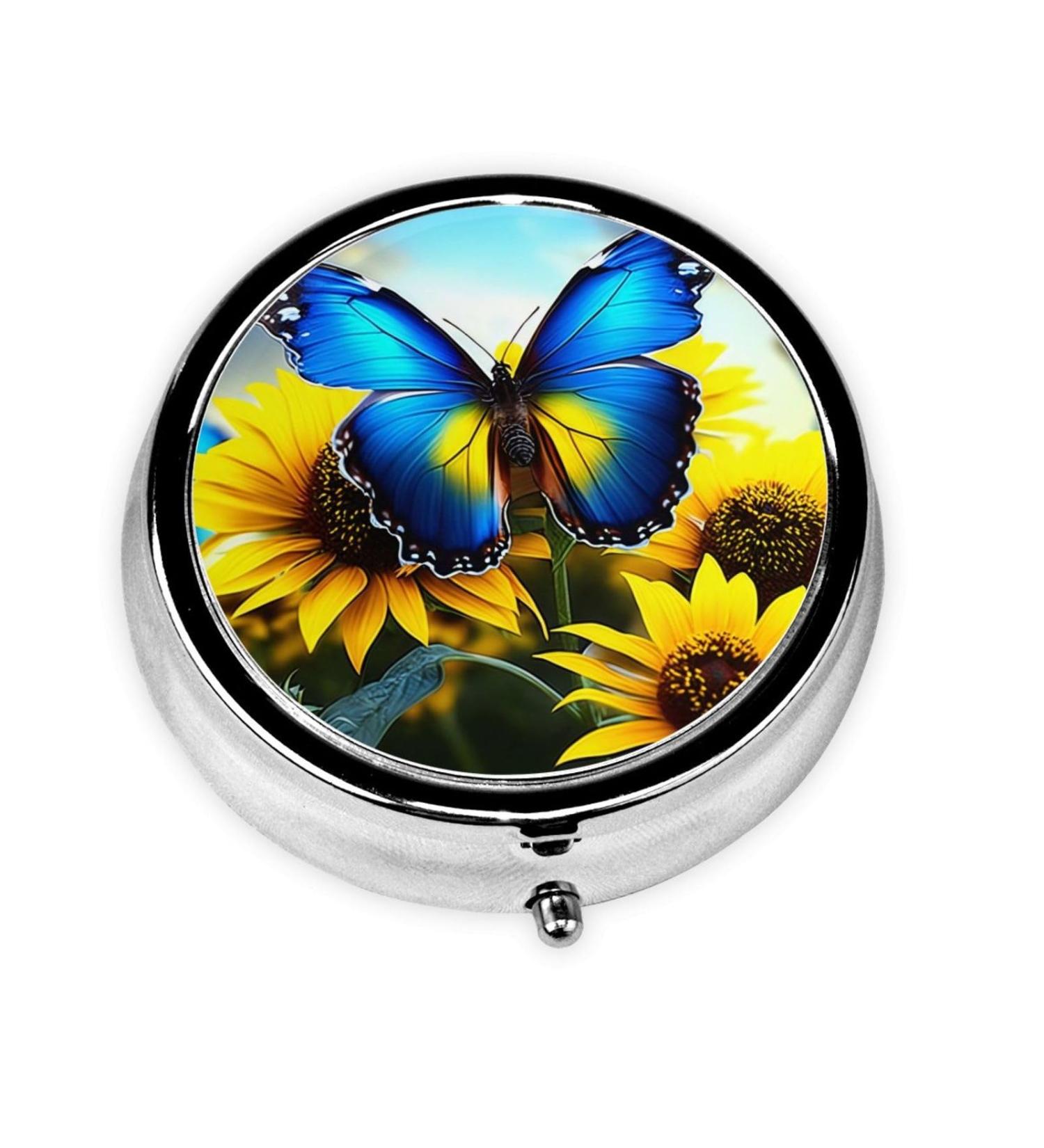 Sunflower Blue Butterfly Portable Metal Pill Box | Round Mini 3-Compartment | Ideal for Small Pills | Travel Essential - Buy Online on GoSupps.com