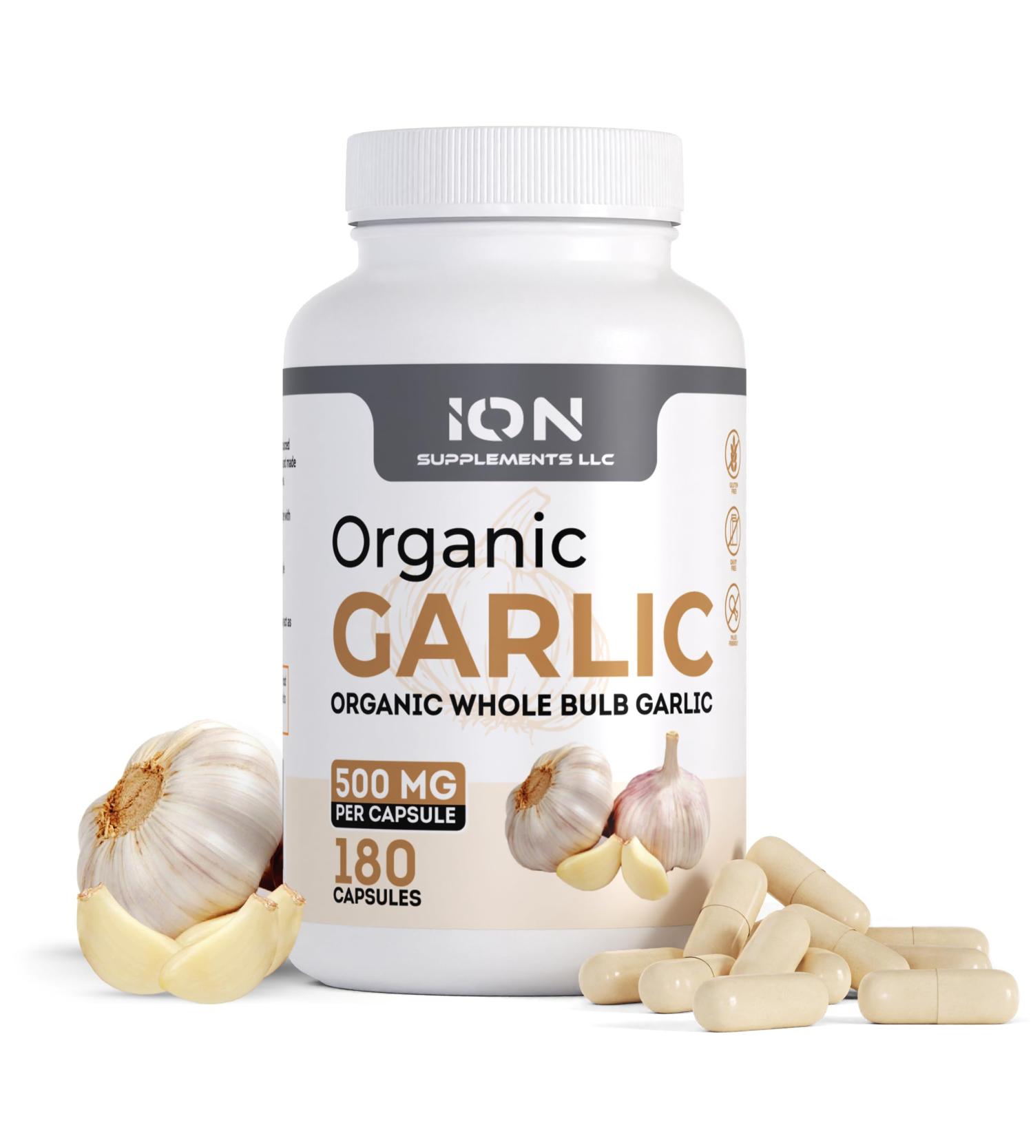 Ion Supplements | Herbal Organic Whole Bulb Garlic Capsules | 500 mg per Cap 180 Caps | No Fillers or Flow Agents | 100% Natural Roots - Buy Online on GoSupps.com