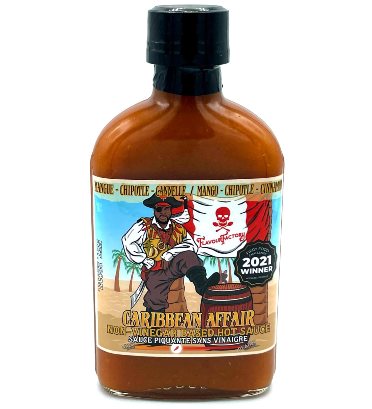 Caribbean Affair Flavor Factory Medium Heat Mango Chipotle Cinamon Gluten Free Vegan NON-Vinegar based Hot Sauce 220 ml bottle (Pack of 1)