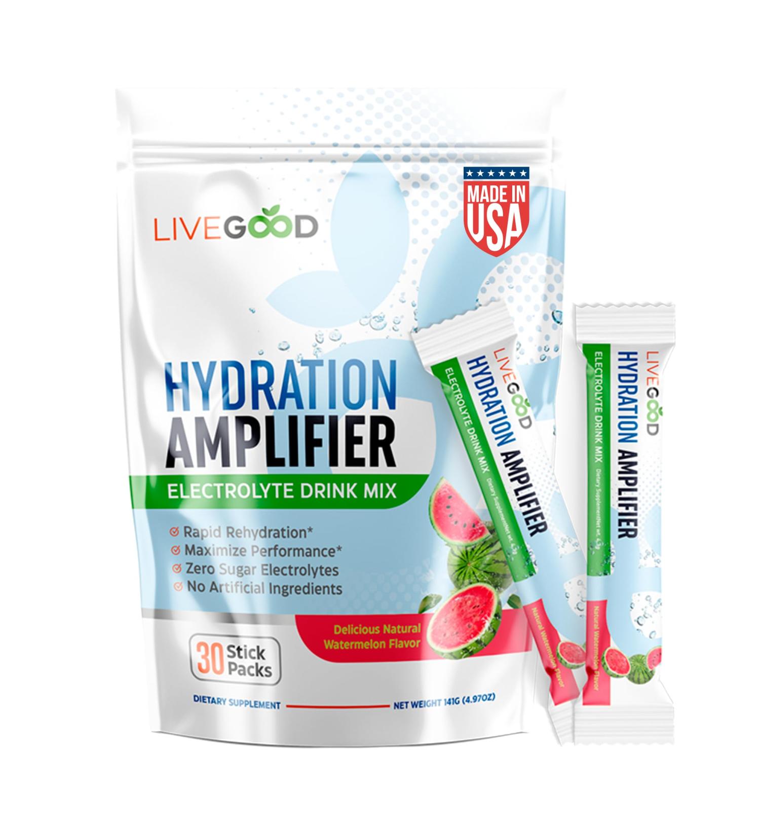 LiveGood Hydration Amplifier Watermelon Electrolyte Powder with Minerals for Hydration Energy Mental Focus and Muscle Support Oral Rehydration Therapy Drink Mix for Daily Performance (Stick Packs) - Buy Online on GoSupps.com