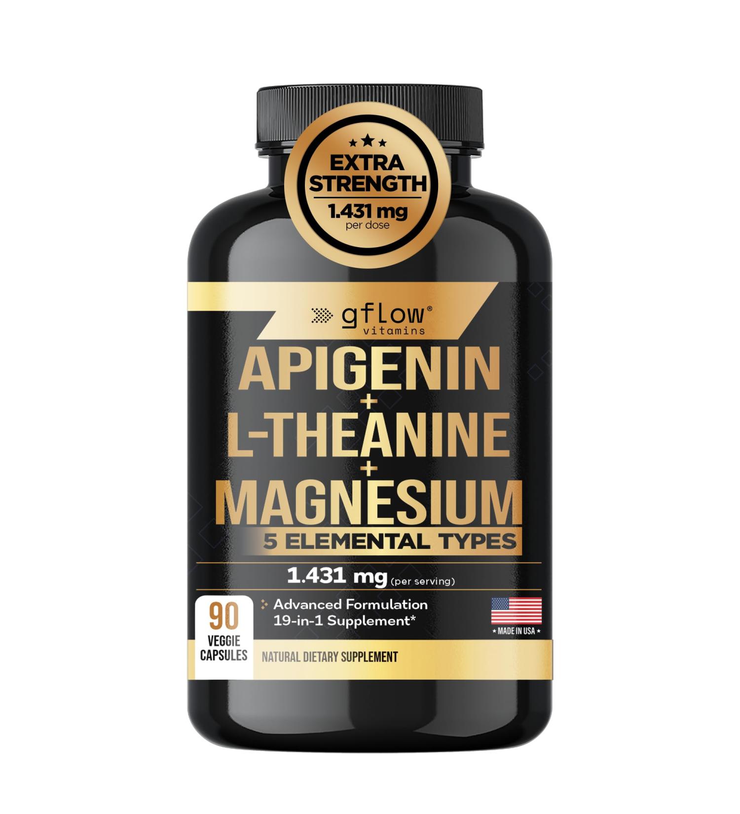 Gflow Vitamins Apigenin Supplement for Sleep with Magnesium Glycinate Complex and L-theanine Supplement - 19 in 1 Ashwagandha L Tryptophan 5-HTP GABA Phosphatidyl Serine Chamomile | Made in USA - Buy Online on GoSupps.com
