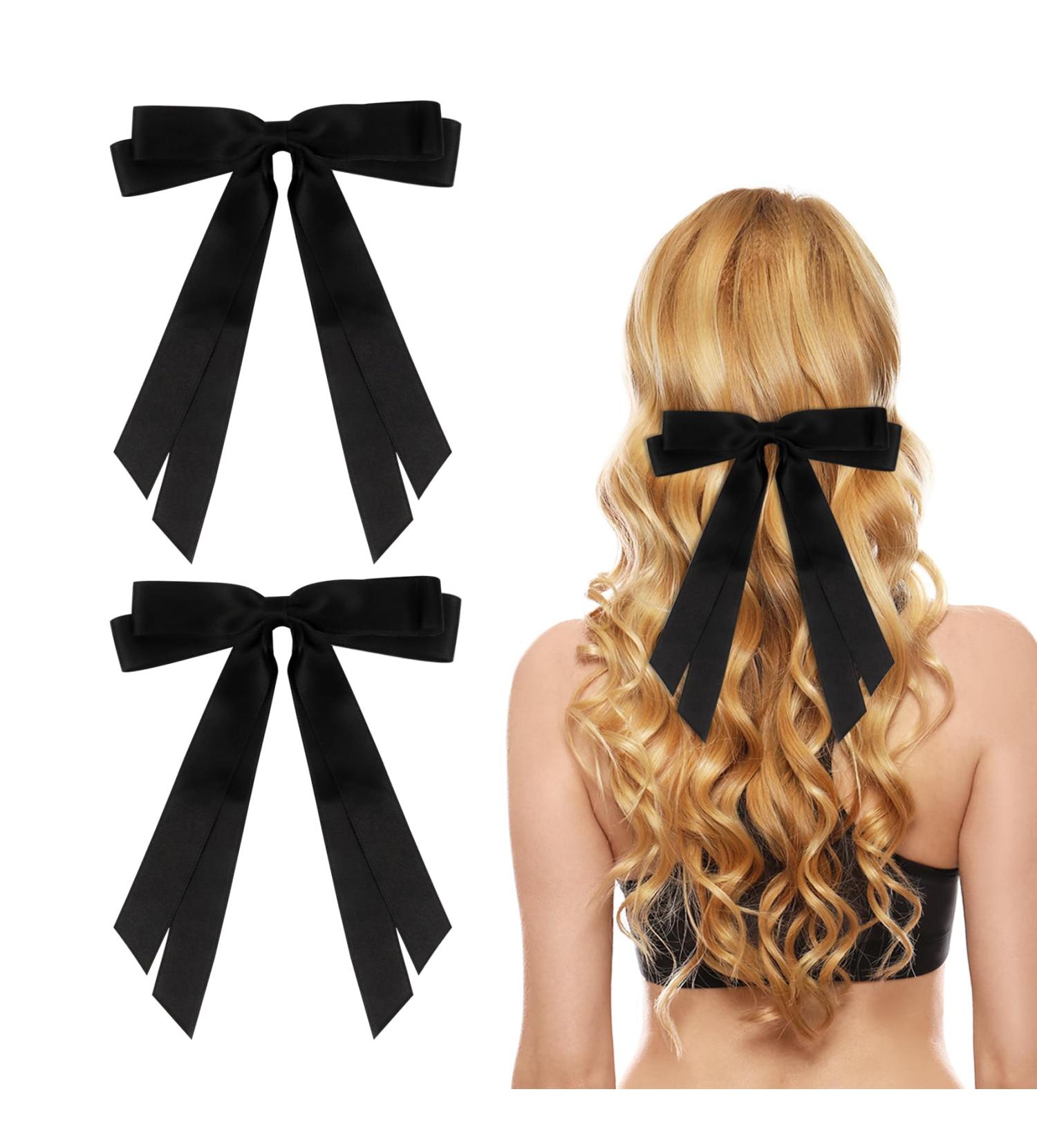 2 Pack Hair Bows for Women Black Bow Hair Clips French Barrette with Long Silky Satin Hair Ribbons for Women Girls(Black) - Buy Online on GoSupps.com