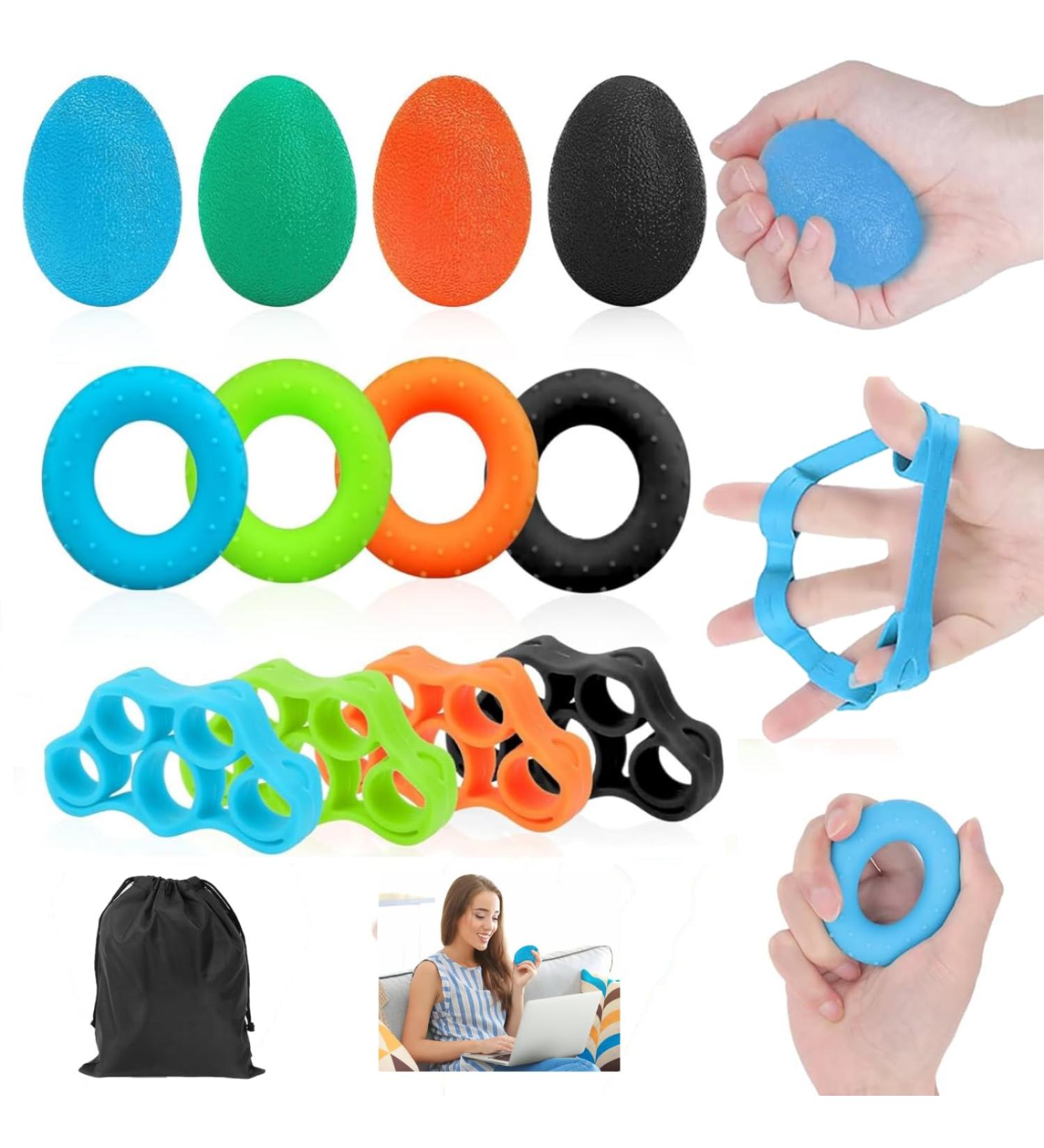 Aobope 12 Pack Finger Trainer Set - Egg-Shaped Grip Balls & Resistance Tapes for Hand Strengthening | Improve Grip & Finger Strength Effortlessly - Buy Online on GoSupps.com
