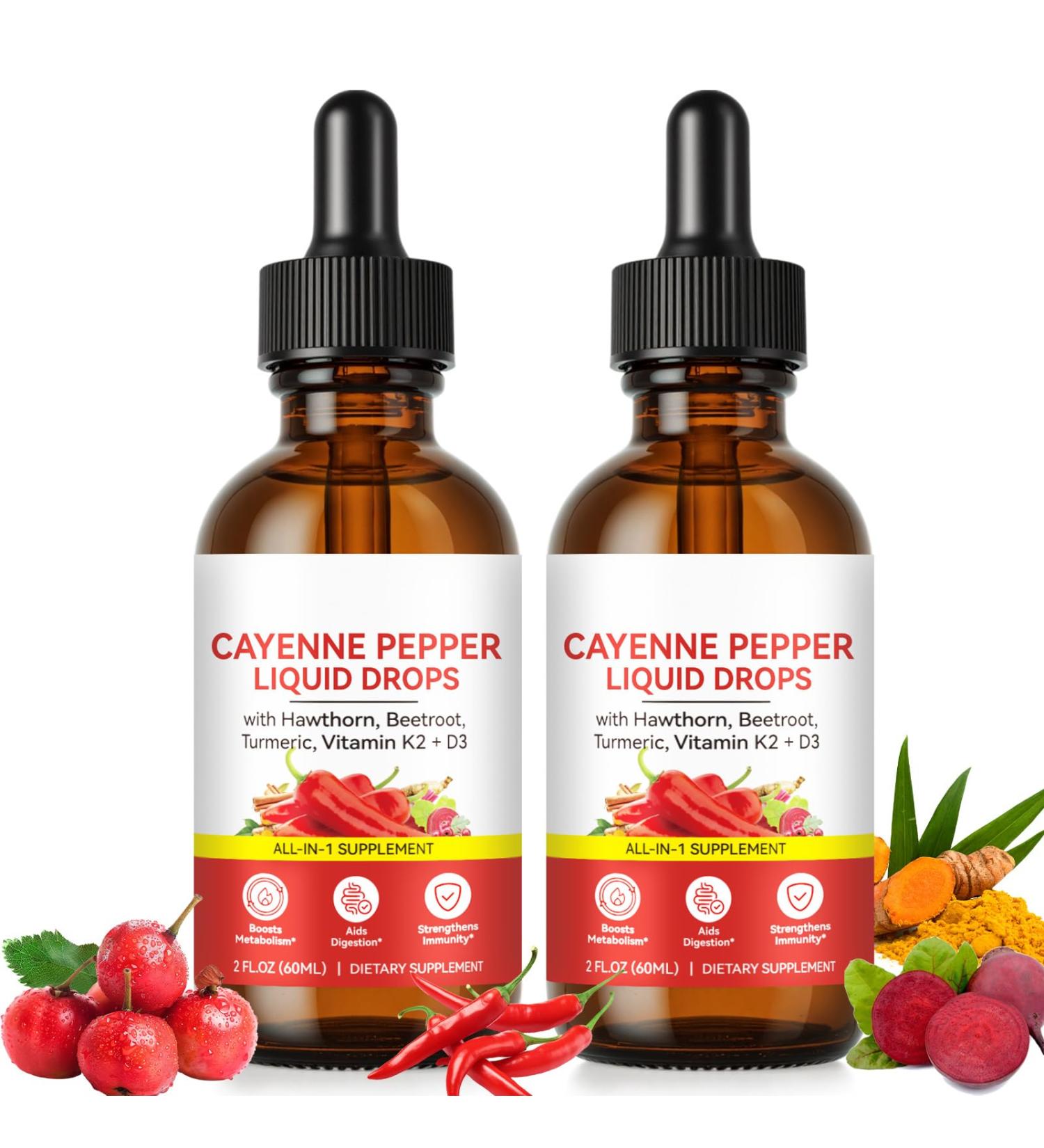 2 Pack Cayenne Pepper Drops Cayenne Health Supplements for Hawthorn Beet Root Turmeric Curcumin Vitamin K2 & D3 Vegan-Friendly Gentle Formula 2 Fl.Oz(Pack of 2) - Buy Online on GoSupps.com
