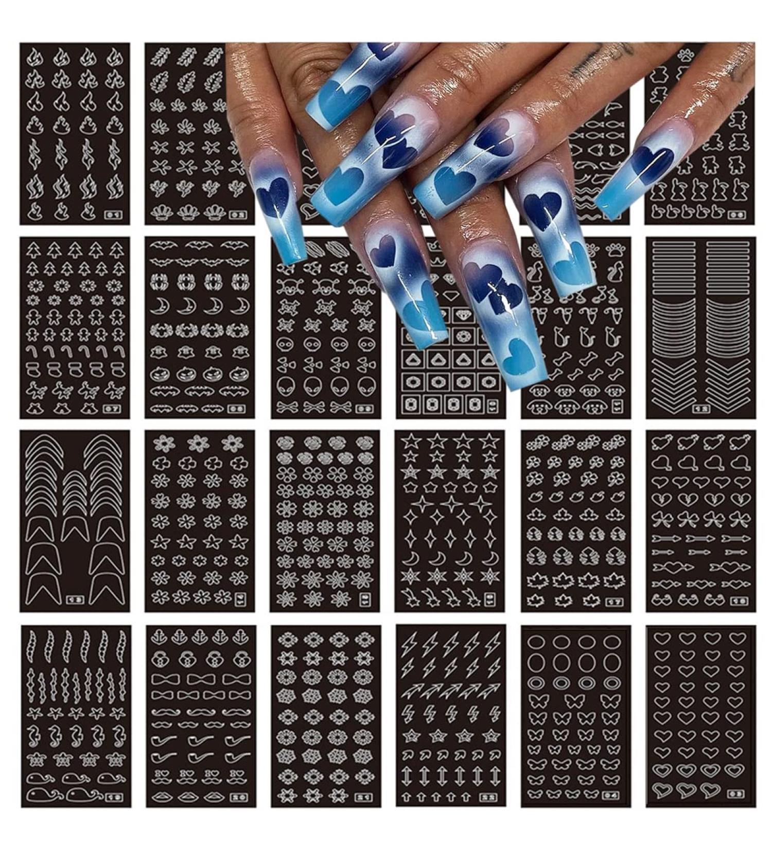 24 Sheet Airbrush Stencils Nail Stickers - Heart Butterfly Flower Moon Stars Hollow French Nail Art Decals - Manicure DIY Decorations - Buy Online on GoSupps.com
