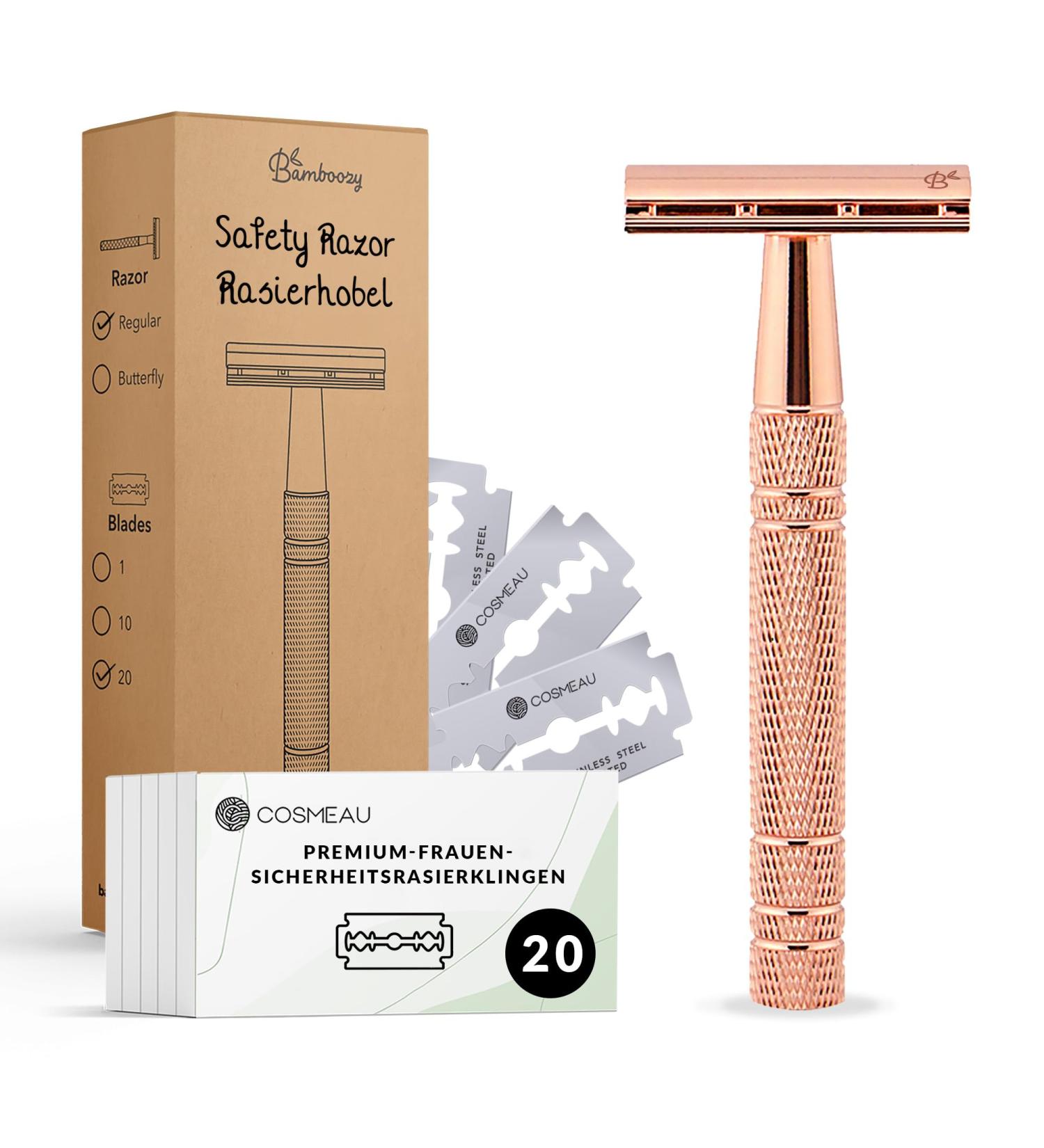 Bamboozy Razor Plane for Women - Eco-Friendly Safety Razor | Aluminum Double Edge Wet Razor (20 Blades) - Zero Waste Rose Gold - Buy Online on GoSupps.com