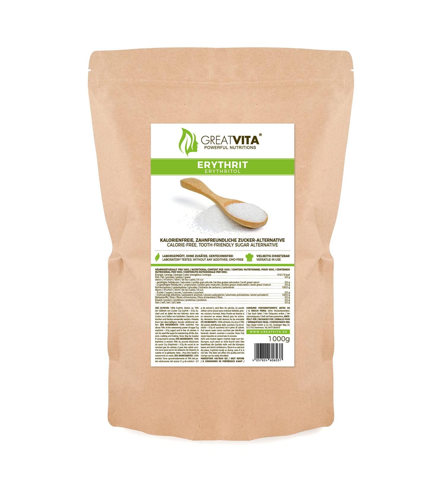 GreatVita Erythritol 1000g - Calorie-Free Sweetener Non-GMO 1 kg Pack for Baking & Cooking - Buy Online on GoSupps.com