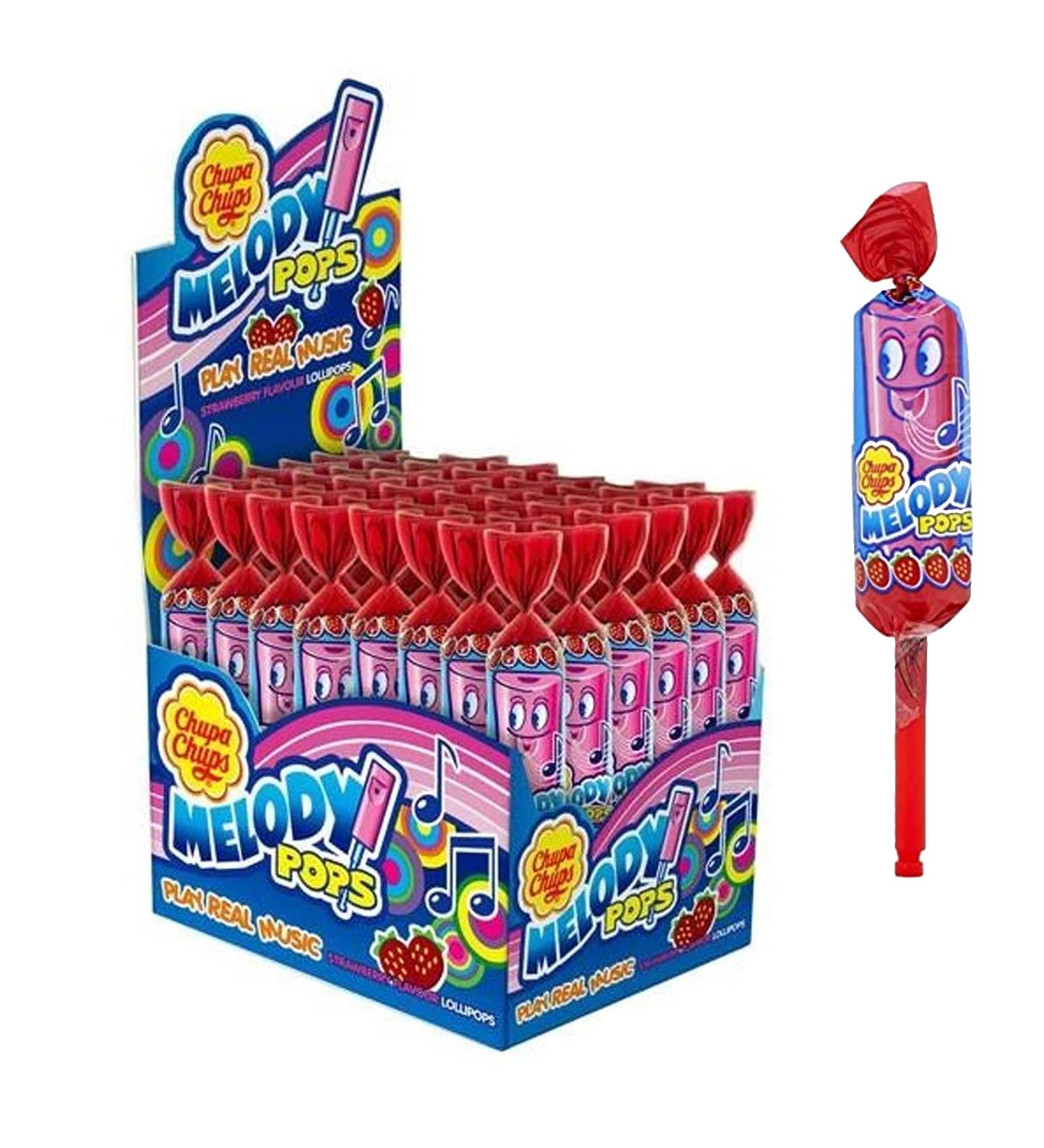 Idea LECHE CHUPA CHUPS MELODY POPS FRAISE SIFFETS 48 PCS LOLLIPOP Box