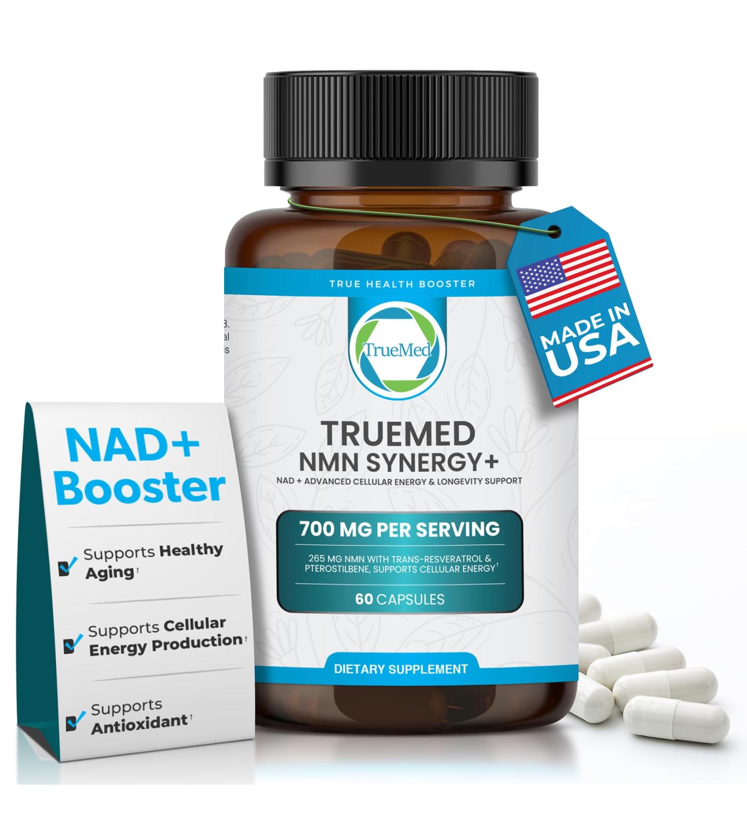 TRUEMED NMN Synergy+ 700mg Premium NMN Supplement with Resveratrol & Pterostilbene | Advanced NAD+ Supplement for Cellular Energy & Wellness Support | Non-GMO Vegan 60 Capsules - Buy Online on GoSupps.com