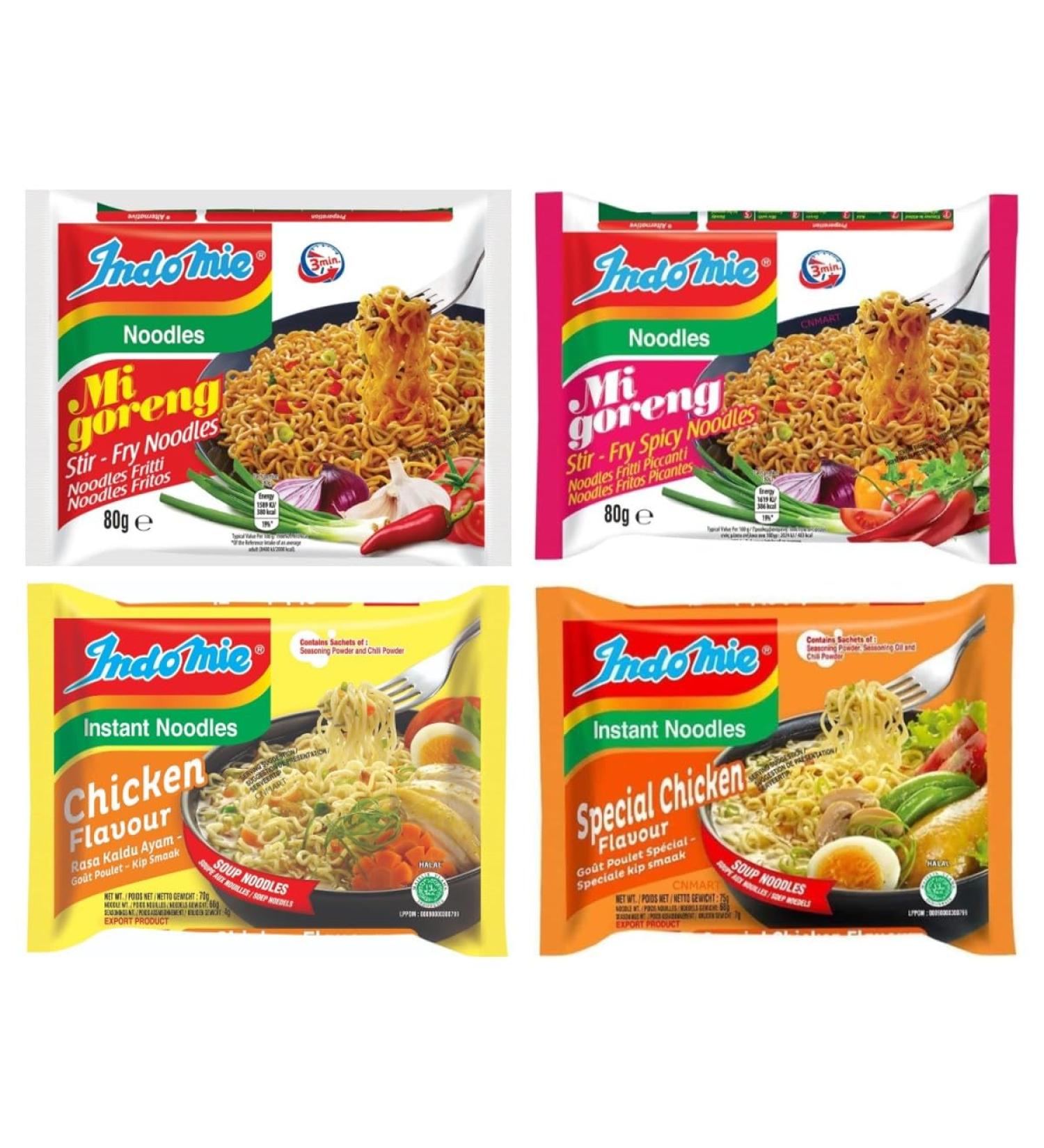 CNMART Indomie Noodles Mixed 4 Flavours HALAL 40 Packs Case (Mi Goreng Stir Fry Spicy Chicken Special Chicken) - Buy Online on GoSupps.com