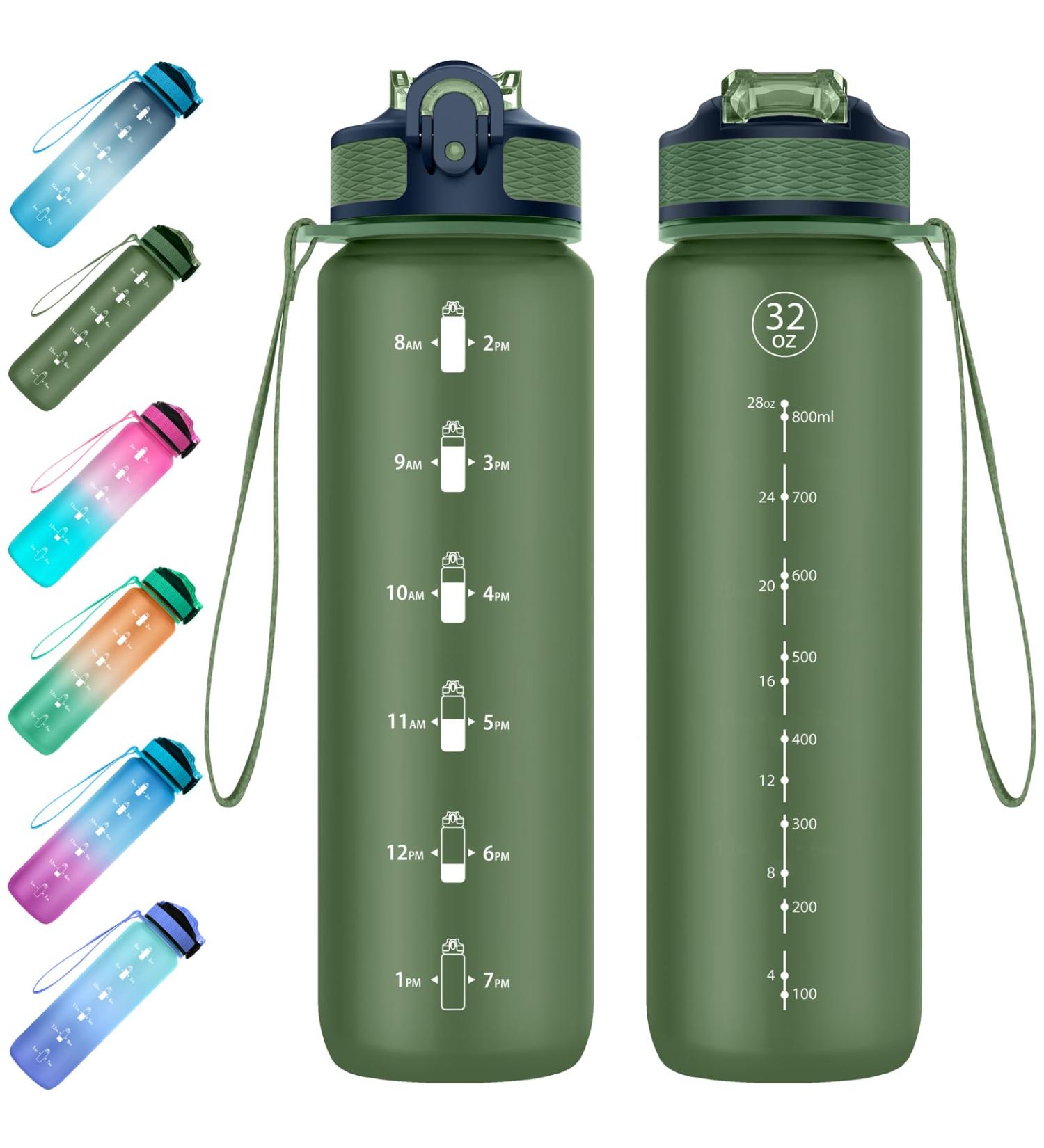 Eyq 1L Dark Green Sports Water Bottle - BPA Free Tritan with Straw & Time Marker for School & Outdoor Gym Activities - Buy Online on GoSupps.com