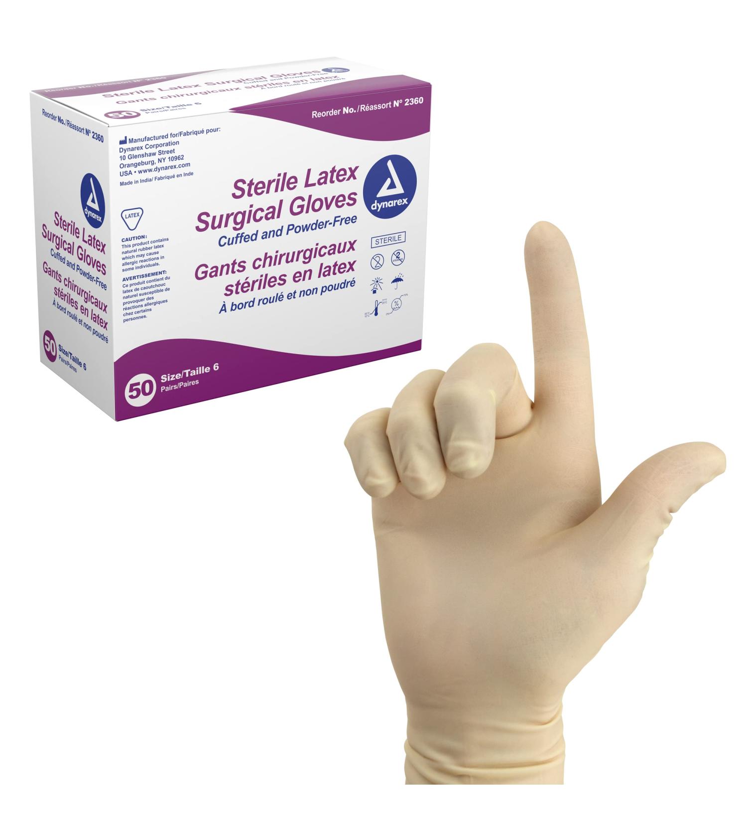 Dynarex Sterile Disposable Latex Surgical Gloves - Powder-Free, Size 6.0, 50 Pairs - Professional Medical & Veterinary Use - Buy Online on GoSupps.com