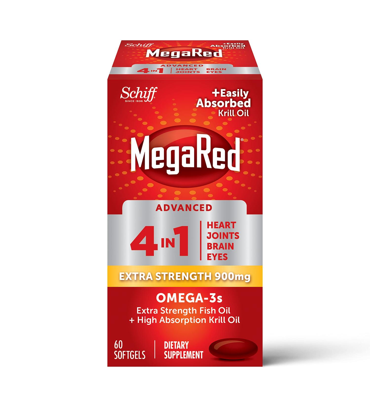 MegaRed Fish Oil + Krill Oil 900mg Omega 3 Supplement | Supports Heart, Brain, Joint & Eye Health | No Fishy Aftertaste | 60 Softgels (60 Servings) - Buy Online on GoSupps.com