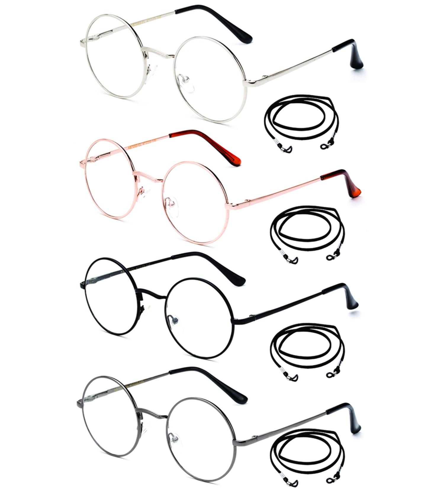 Newbee Fashion 4 Packs Round Reading Glasses with Lanyards Metal Frame Slim Rim Spring Hinge Circle Frame Vintage Reading Glasses +2.50 2.50 X 4 Packs Metal Reading Glasses With 4 Lanyards