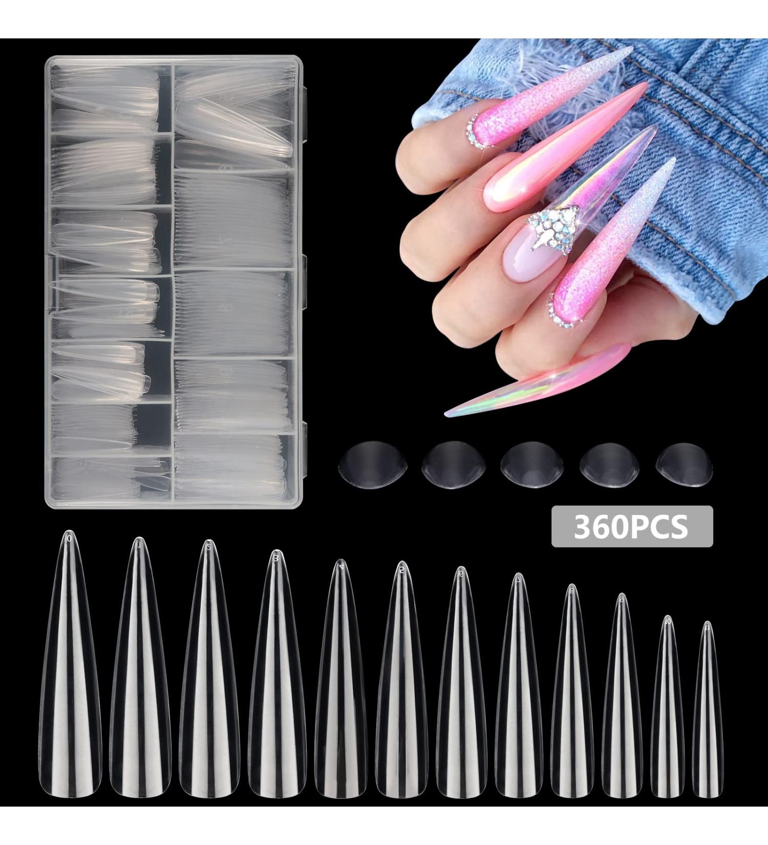360Pcs Clear XXXL Stiletto Acrylic Nail Tips - Professional Full Cover Fake Nails - Nail Extension Kit for Salon & Home DIY Nail Art - 12 Sizes - Buy Online on GoSupps.com