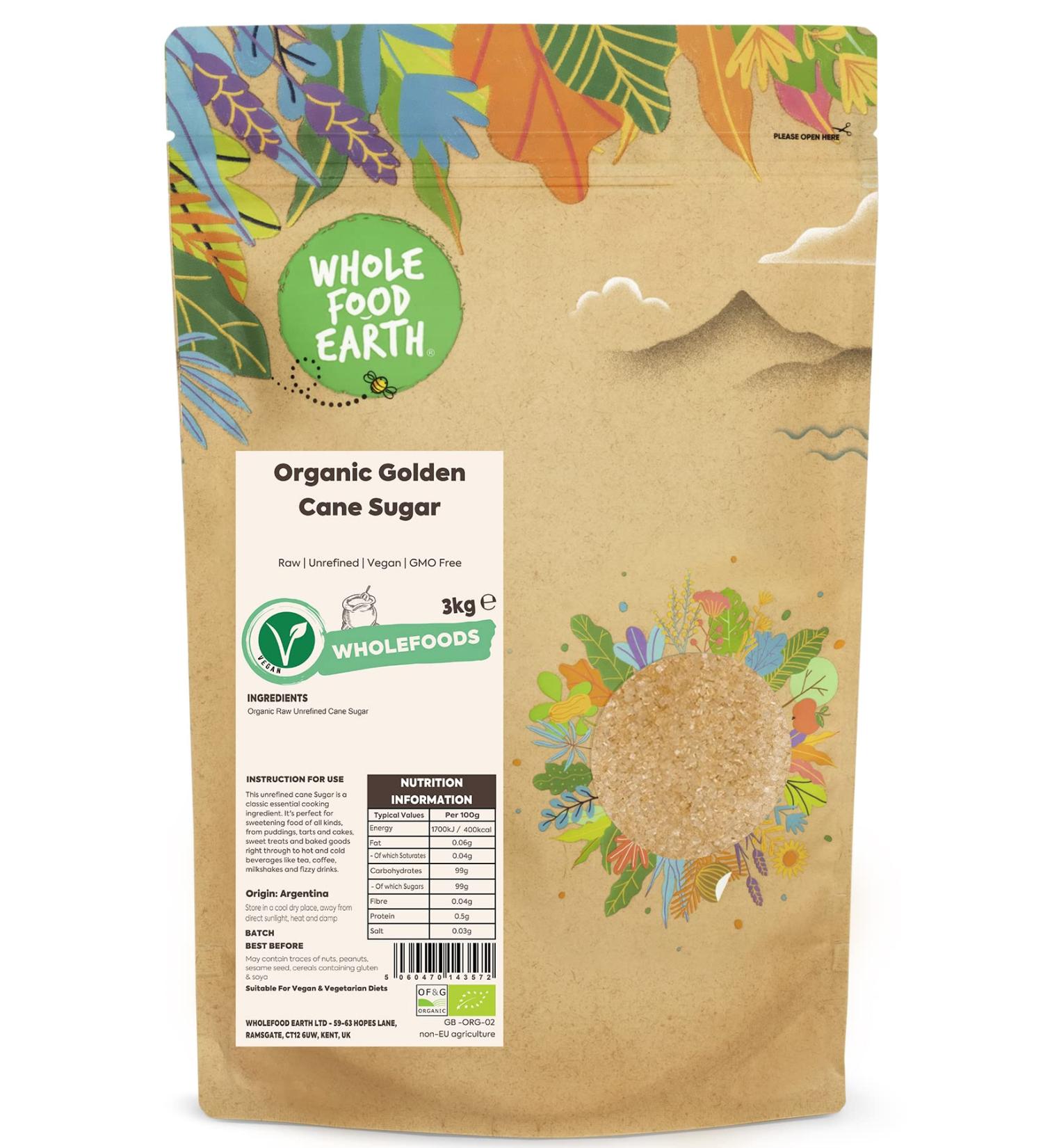Wholefood Earth Organic Golden Cane Sugar 3kg - Raw, Unrefined, Vegan, GMO Free | Certified Organic - Buy Online on GoSupps.com
