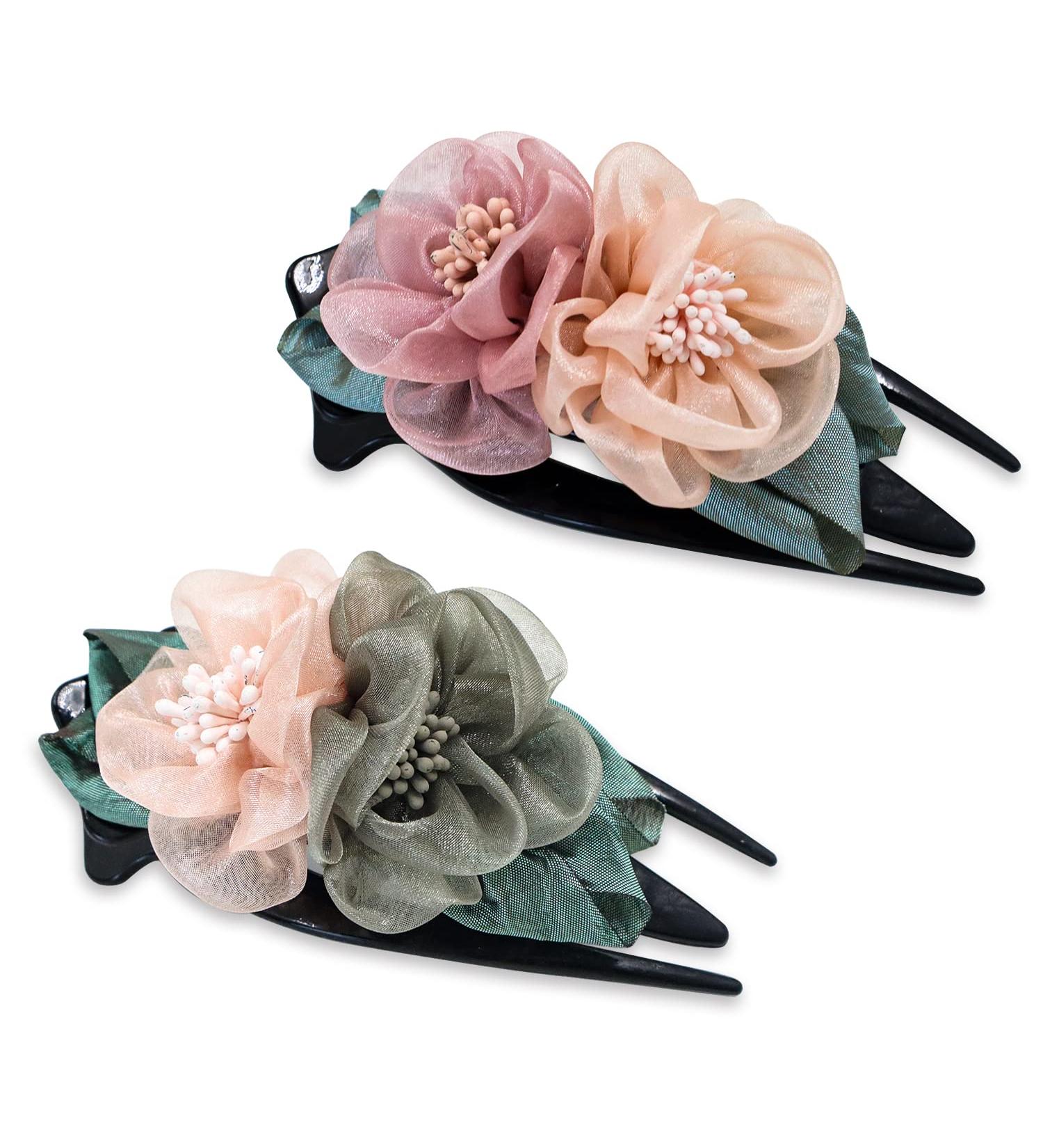 Double Flower Hair Clips for Women & Girls - Curved Duck Beak Side Clips (2 Pack) in Pink & Gray for Thick Long Hair - Buy Online on GoSupps.com