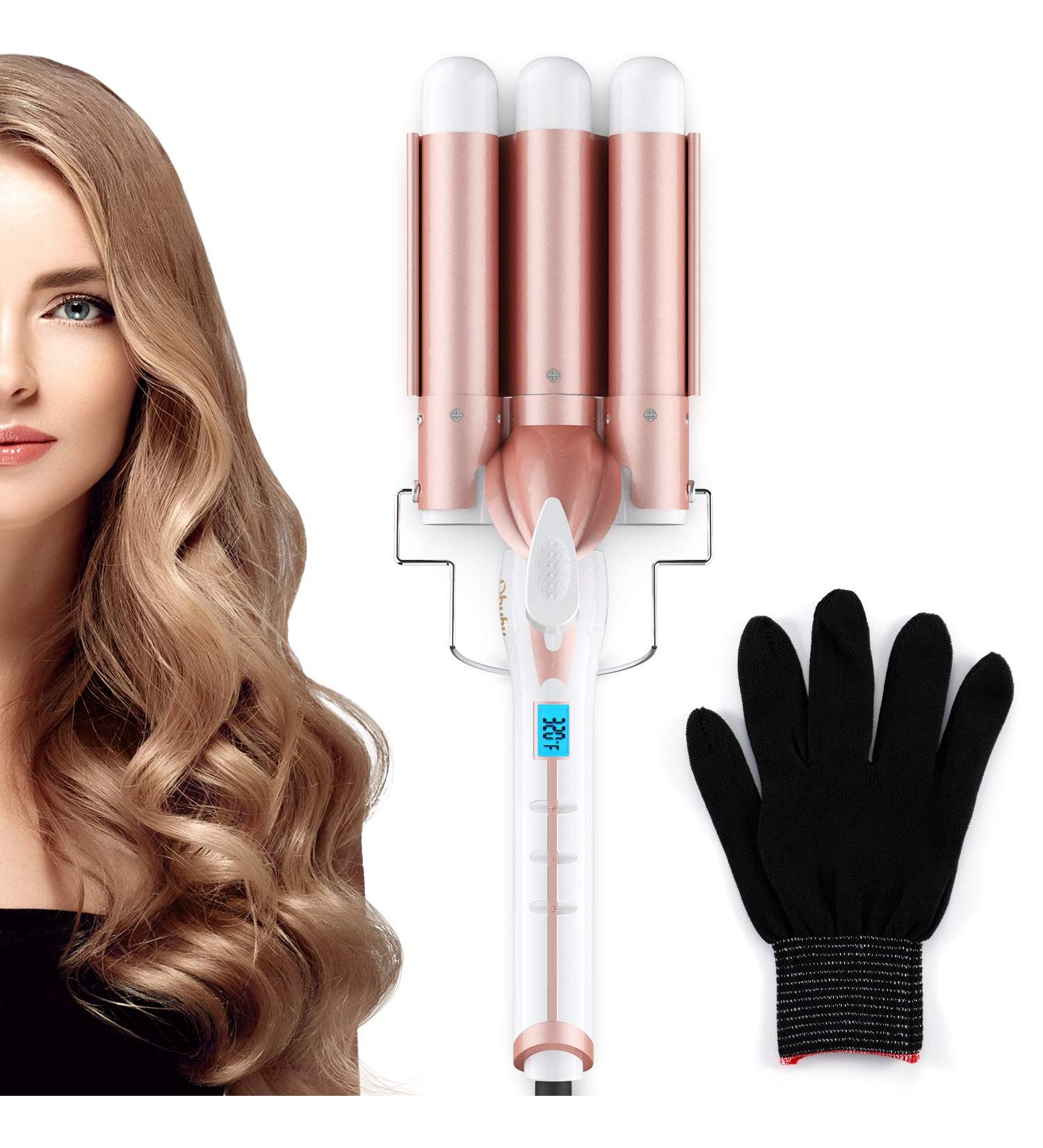 Ohuhu 1 Inch Ceramic Tourmaline Triple Barrels Hair Waver Curling Iron | Temperature Adjustable with LCD Temp Display | Rose Gold | Mother's Day Gift - Buy Online on GoSupps.com