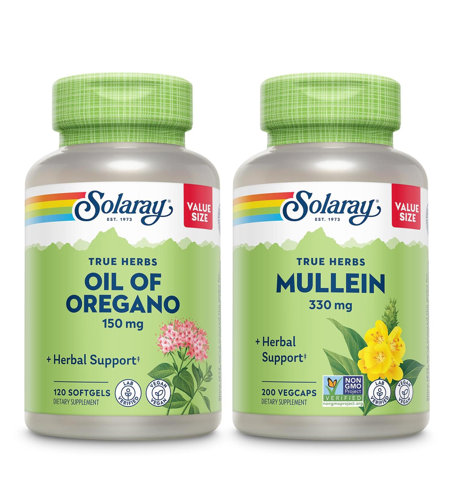 SOLARAY Oil of Oregano Softgels 150 mg and Mullein Leaf 330 mg - Wellness Support Bundle - Oregano Oil and Mullein Capsules for Overall Health Support - Vegan 60-Day Guarantee 120ct/180ct - Buy Online on GoSupps.com