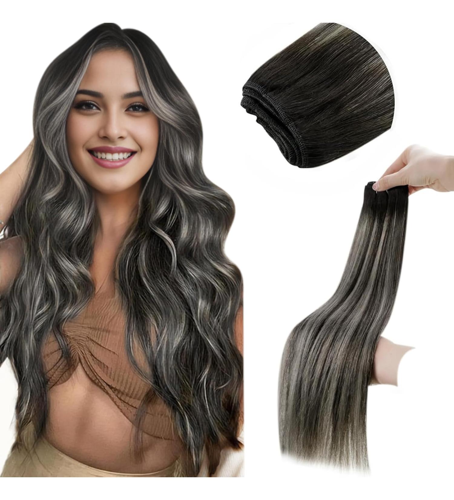 LAAVOOGAGE Real Hair Extensions - Ombre Sew-In Weft 100g 50cm Black Silver Tresses | Remy Human Hair for Stunning Looks - Buy Online on GoSupps.com