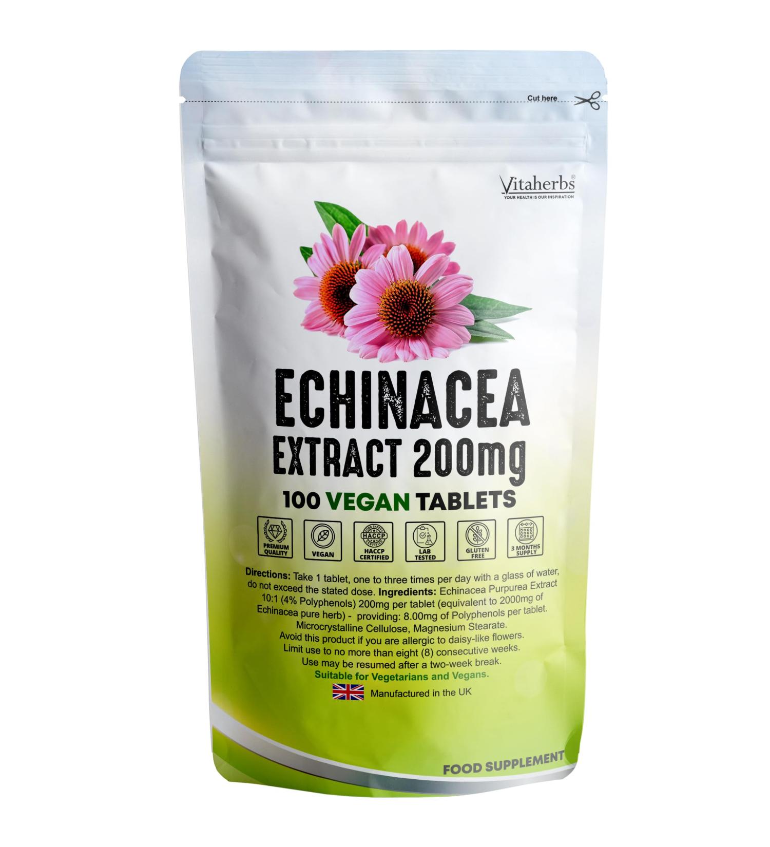 Vitaherbs Echinacea Tablets 200mg - Vegan, Premium Quality - Made in the UK | 100 Count (Pack of 1) - Buy Online on GoSupps.com