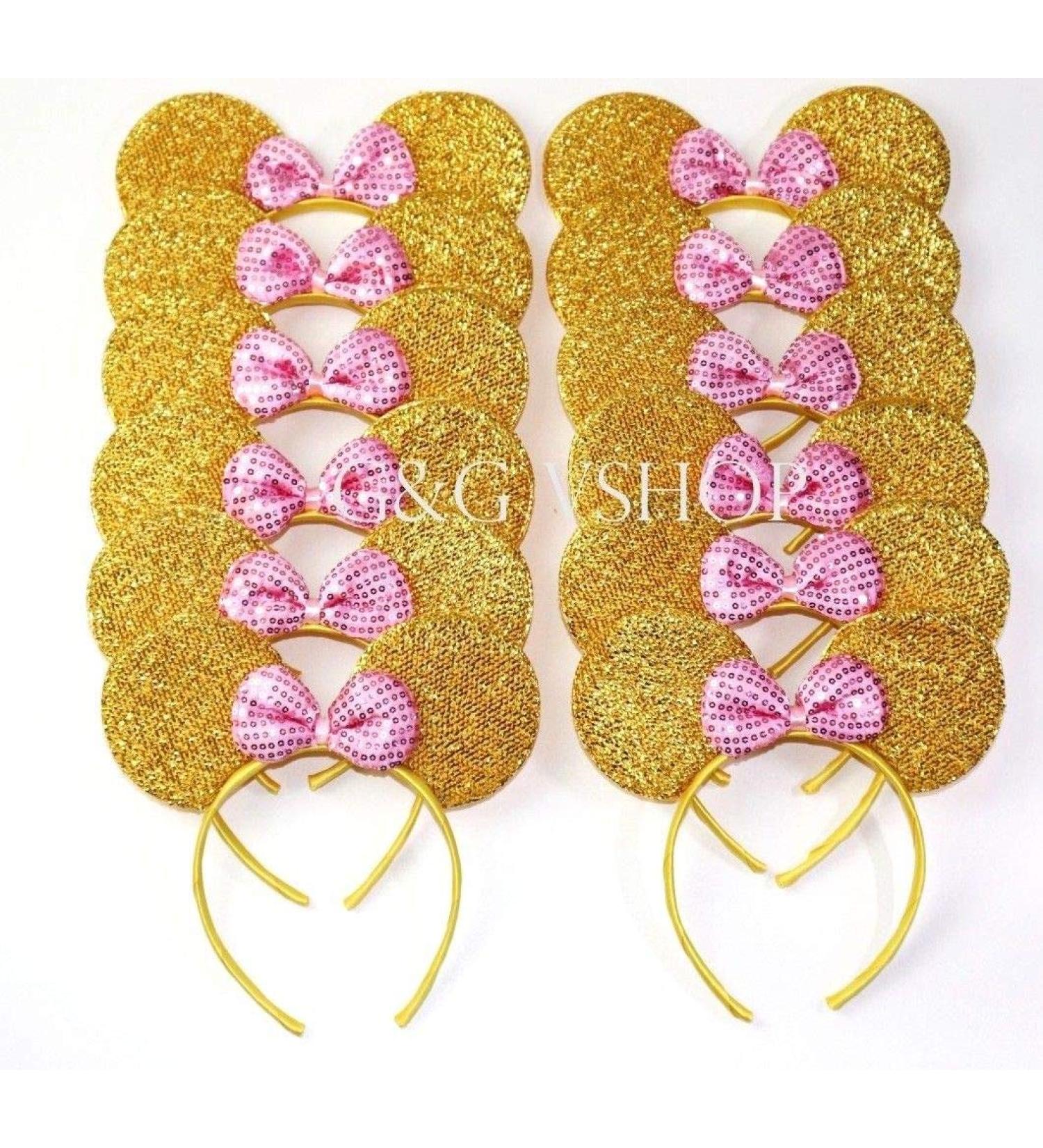Mickey Minnie Headband 12 pcs Mickey Minnie Mouse Ears Pink Gold Sequins Bow Headband for Boys and Girls Birthday Party Celebrations