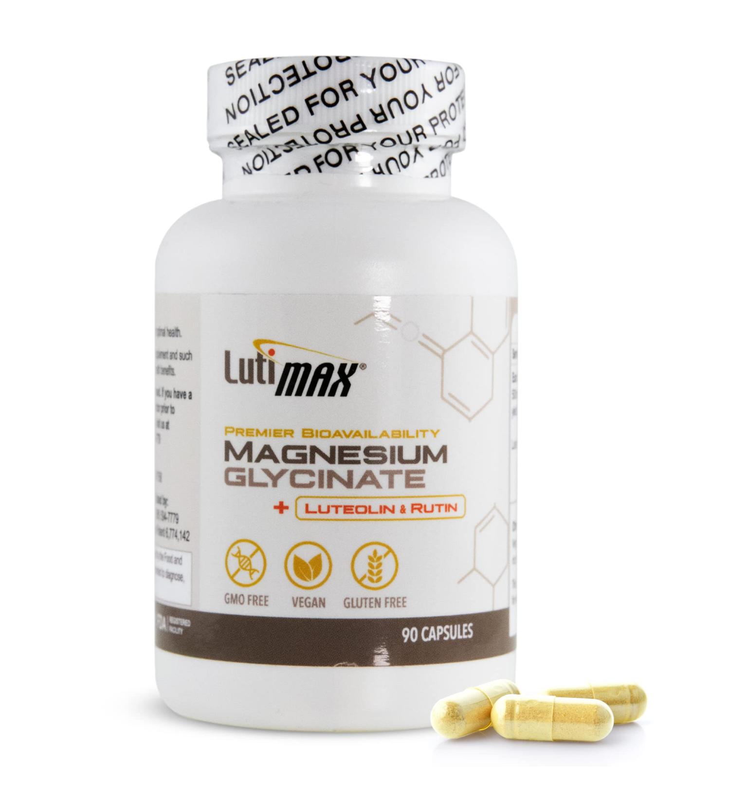 Lutimax Magnesium Glycinate 500mg with Luteolin & Rutin - 100mg Elemental Magnesium for Stress Relief & Sleep - Vegan & Non-GMO - 90 Capsules - Buy Online on GoSupps.com