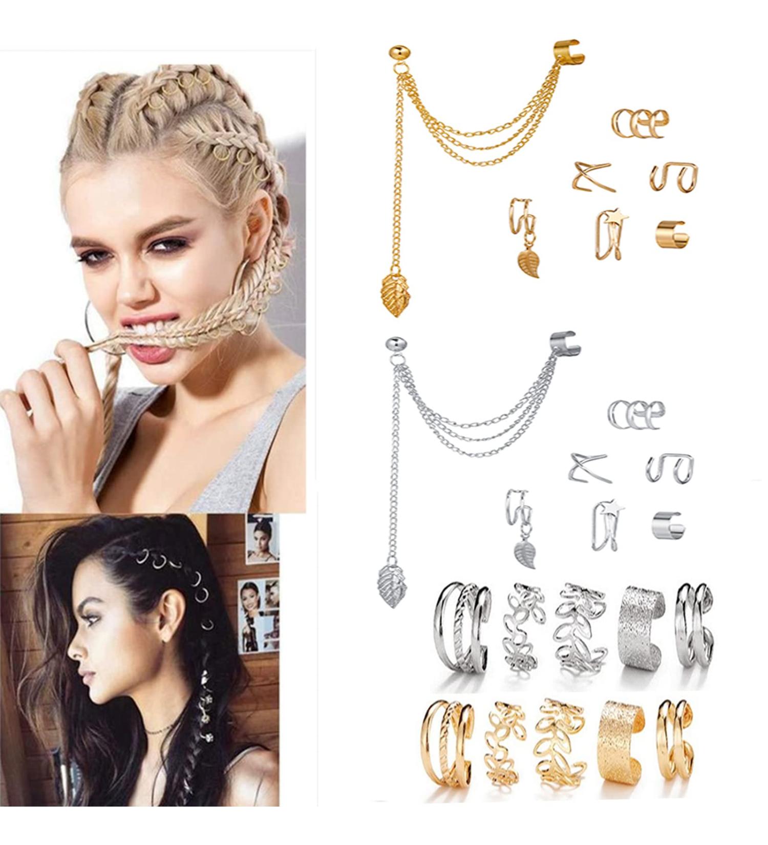 Gold Silver Hair Cuffs Dreadlock Clips Set - 24 Pcs Hair Jewelry Charms for Women Men | Non-Piercing Ear Clip Styling Tools & Accessories - Buy Online on GoSupps.com