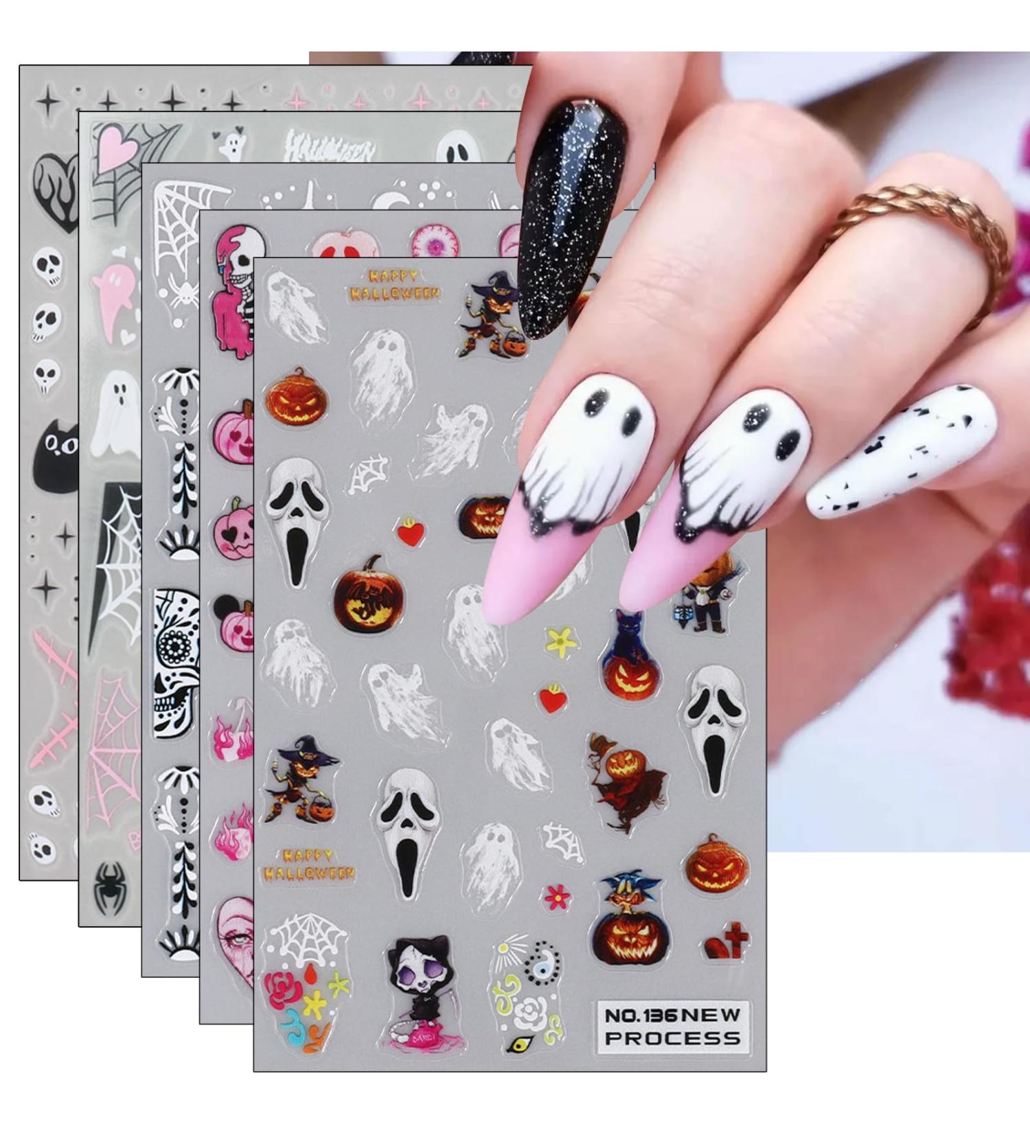 JMEOWIO 6 Sheets Halloween Nail Art Stickers Decals Self-Adhesive Cute Pumpkin Skull Horror Ghost Witchy Spider Web Bat Spook Nail Supplies Nail Art Design Decoration Accessories - Buy Online on GoSupps.com