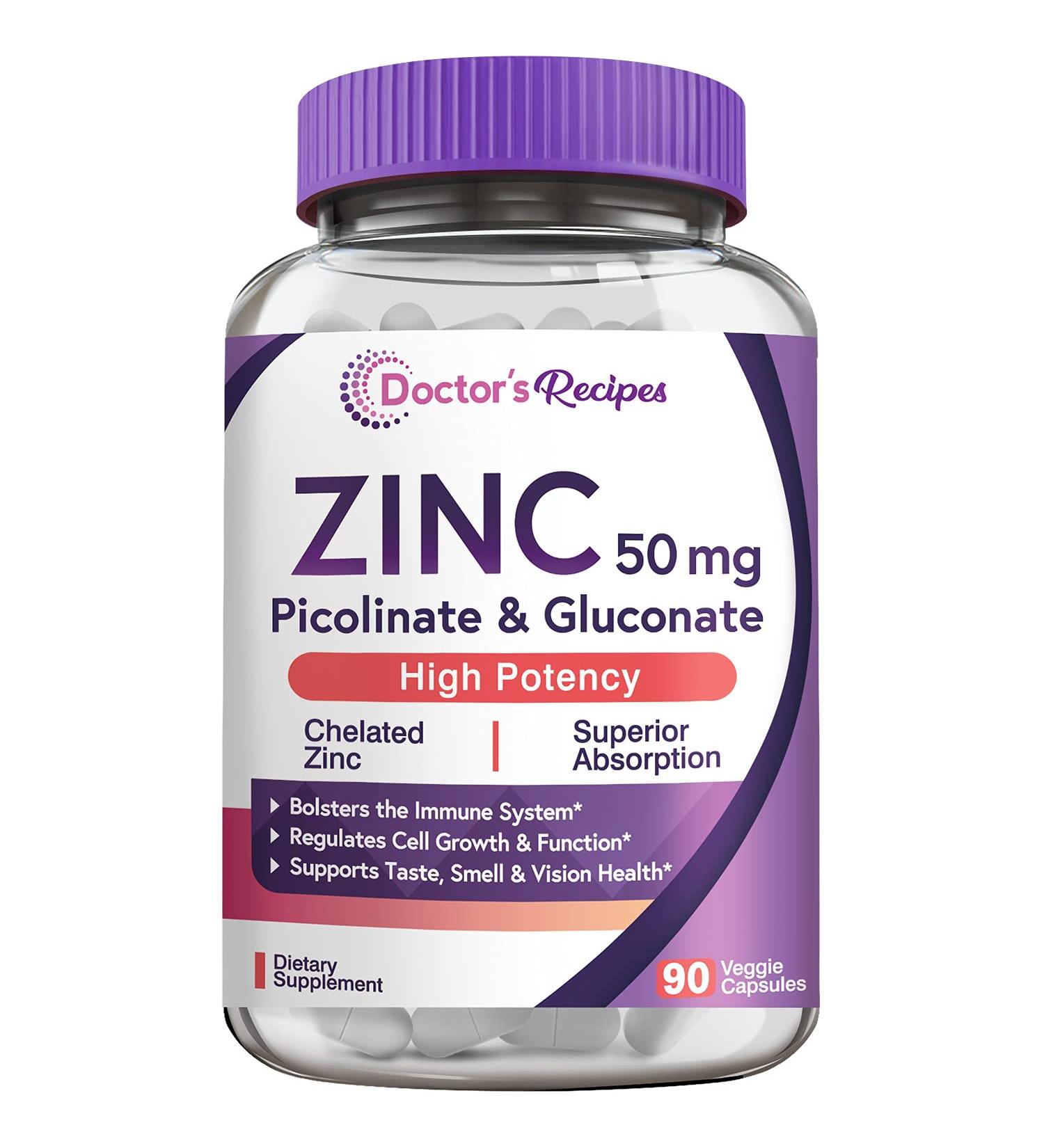 Doctor's Recipes Zinc Capsules 50mg - Immune Defense & Cell Growth Support - Non-GMO, Dairy-Free - 90 Veggie Caps - Buy Online on GoSupps.com