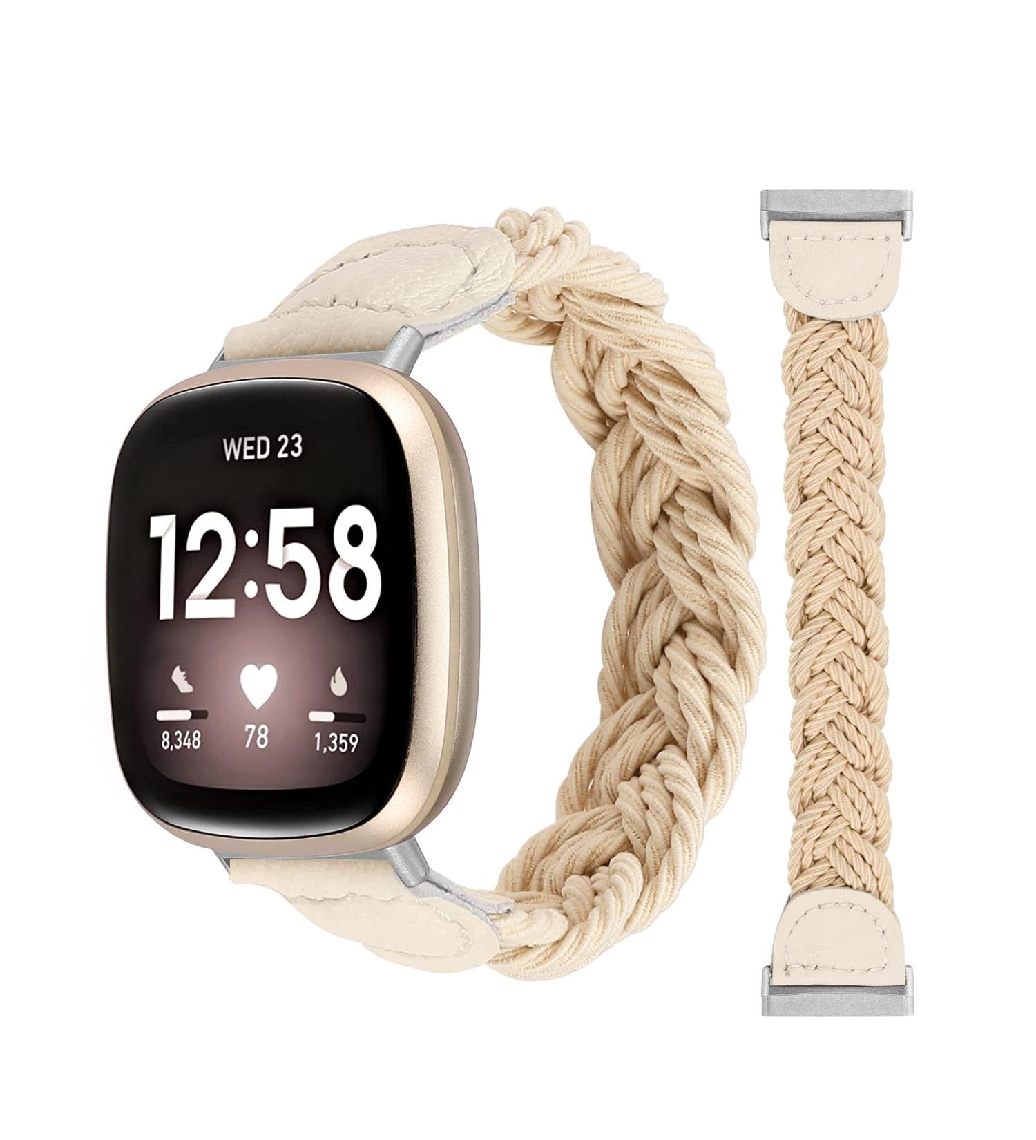 Minyee Braided Bands for Fitbit Versa 3/Sense - Light Khaki Small | Elastic Stretchy Nylon Wristband | Slim Designer Replacement Bracelet - Buy Online on GoSupps.com