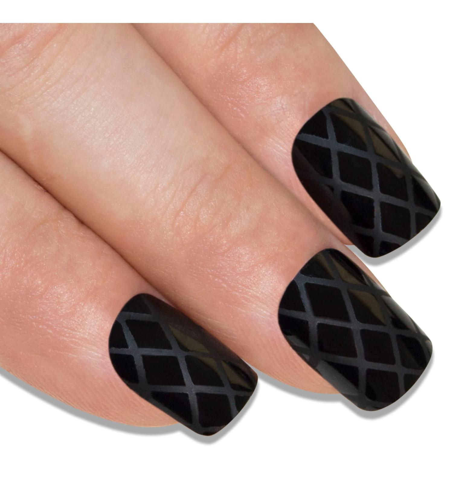 Buy Matte Black False Nails - 24 Squoval Bling Art Medium Tips with Glue | International Shipping - Buy Online on GoSupps.com