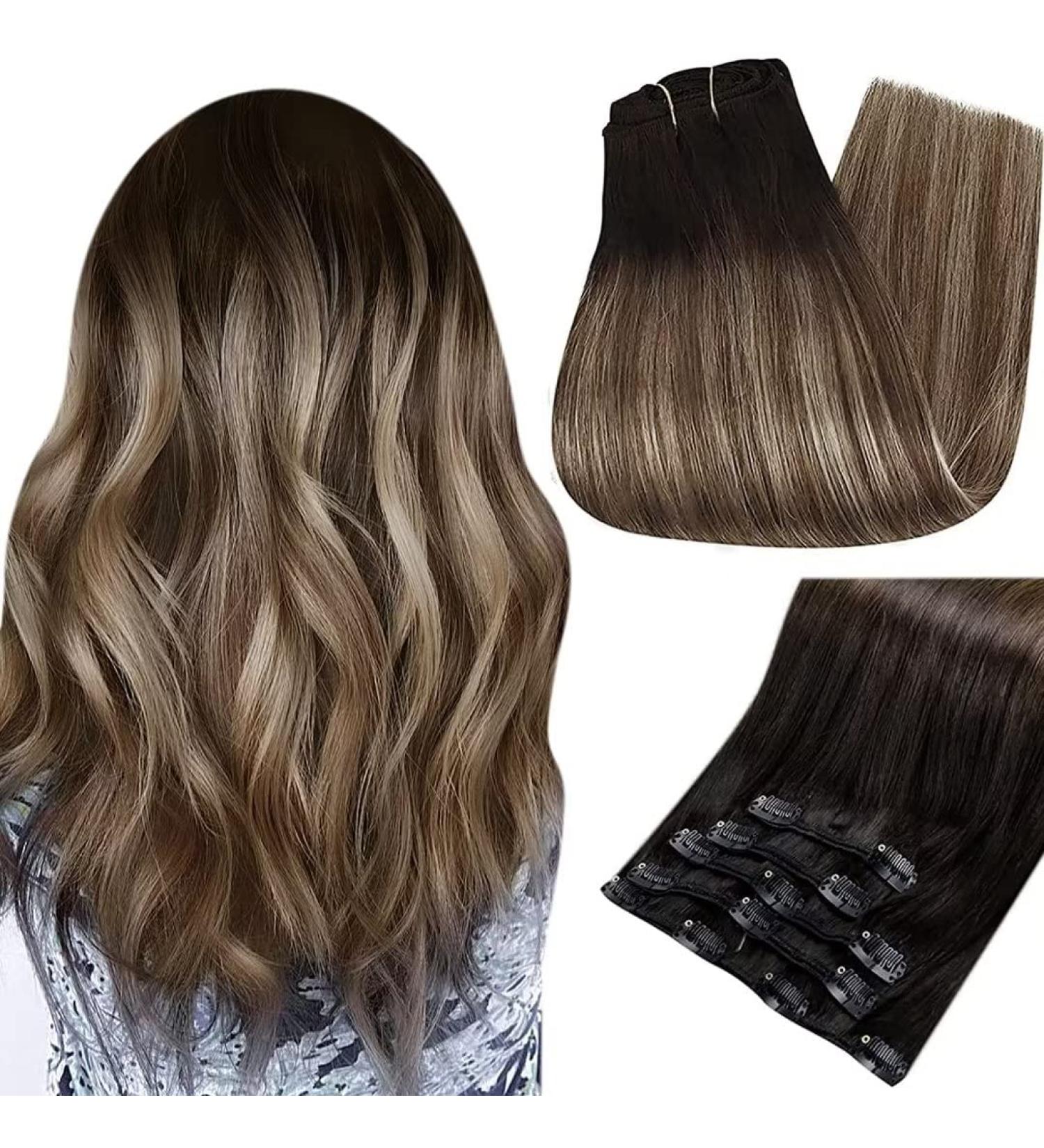 Easyouth Balayage Black to Brown and Blonde Clip in Hair Extensions - Remy Human Hair 16 Inch 5Pcs 70g - Ombre Black Clip ins #1B/6/27 - Buy Online on GoSupps.com