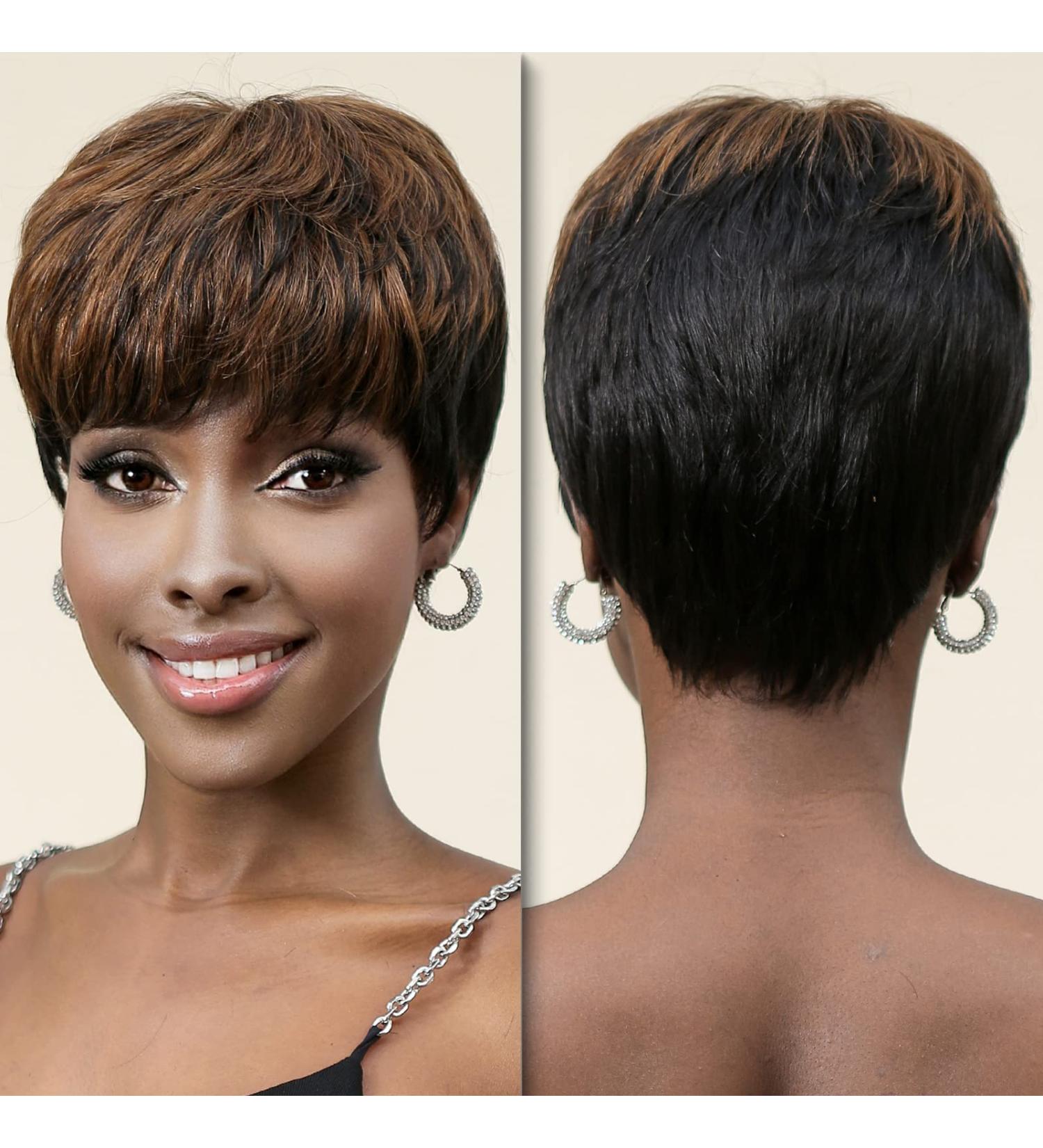 ALANHAIR Pixie Cut Human Hair Wig for Black Women | Glueless Short Hairstyle | Easy to Care for | Black Mix Brown Color - Buy Online on GoSupps.com