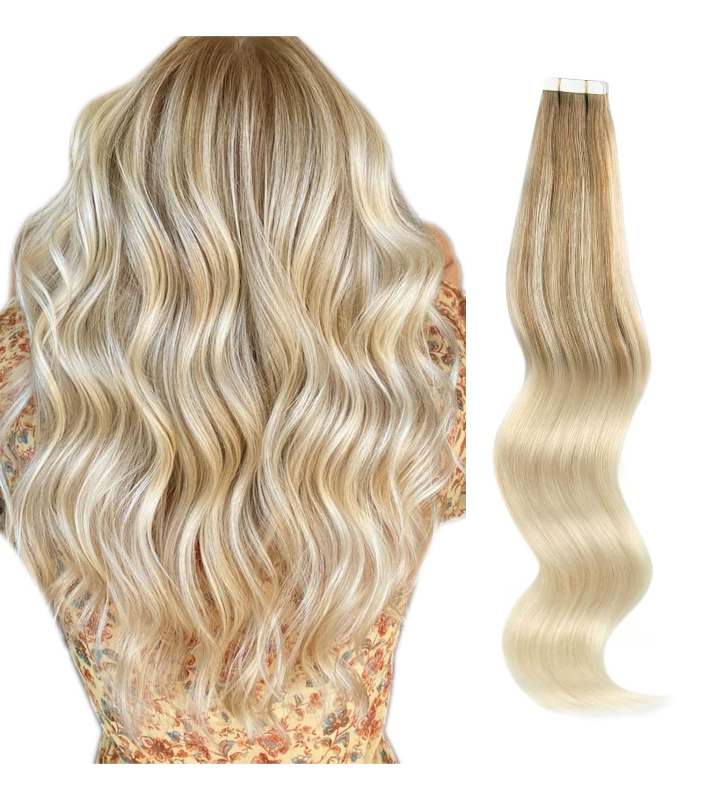 Buy Real Hair Balayage Tape In Extensions - Platinum Blonde & Ash Brown 45cm | 50g Invisible Double-Sided 20 Pieces - Buy Online on GoSupps.com