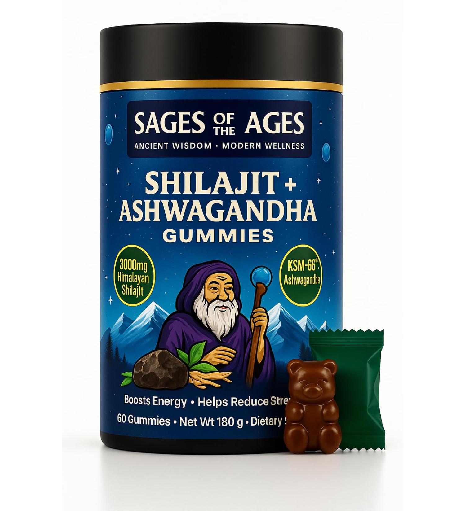 Sages Of The Ages Pure Himalayan Shilajit Gummies 3000 mg with KSM-66 Ashwagandha Ginseng & Mucuna Pruriens 78% Fulvic Acid & 85 Trace Minerals Energy Stamina & Wellness Support 60 Gummies - Buy Online on GoSupps.com