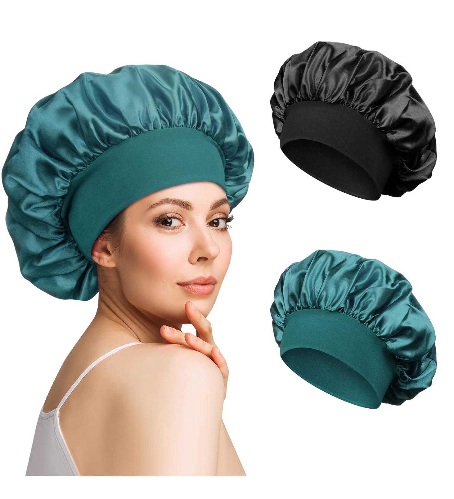 2pcs Silk Satin Bonnet for Curly Hair | Night Sleep Cap for Women - Black Blue - Buy Online on GoSupps.com